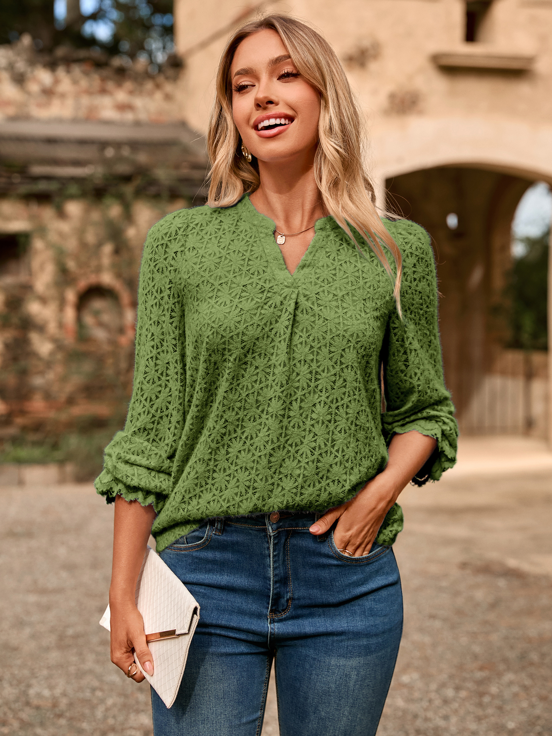 Lace Eyelet V Neck Long Sleeve Top