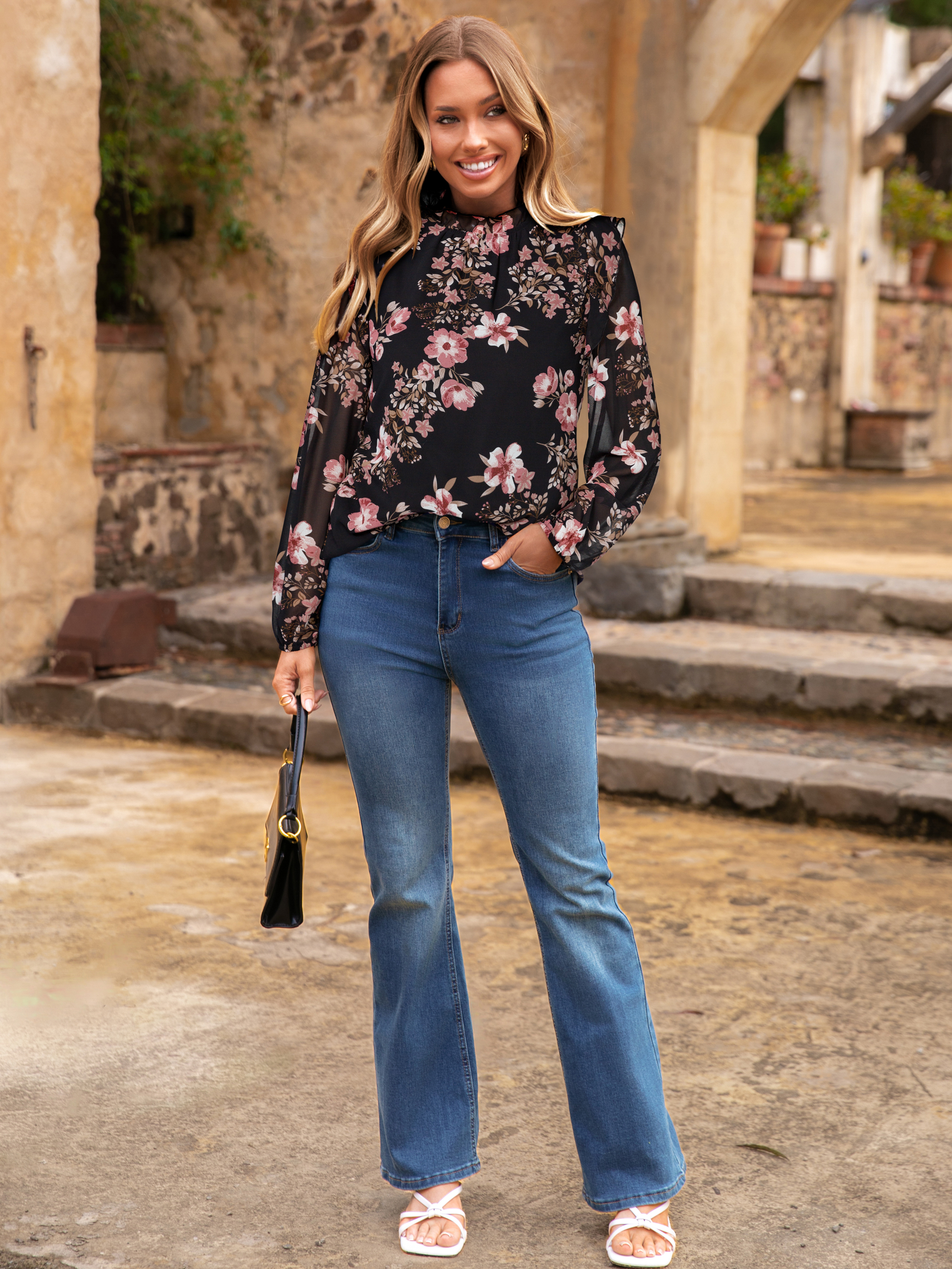 Boho Floral Ruffle Long Sleeve Blouse - Floral Black Pink