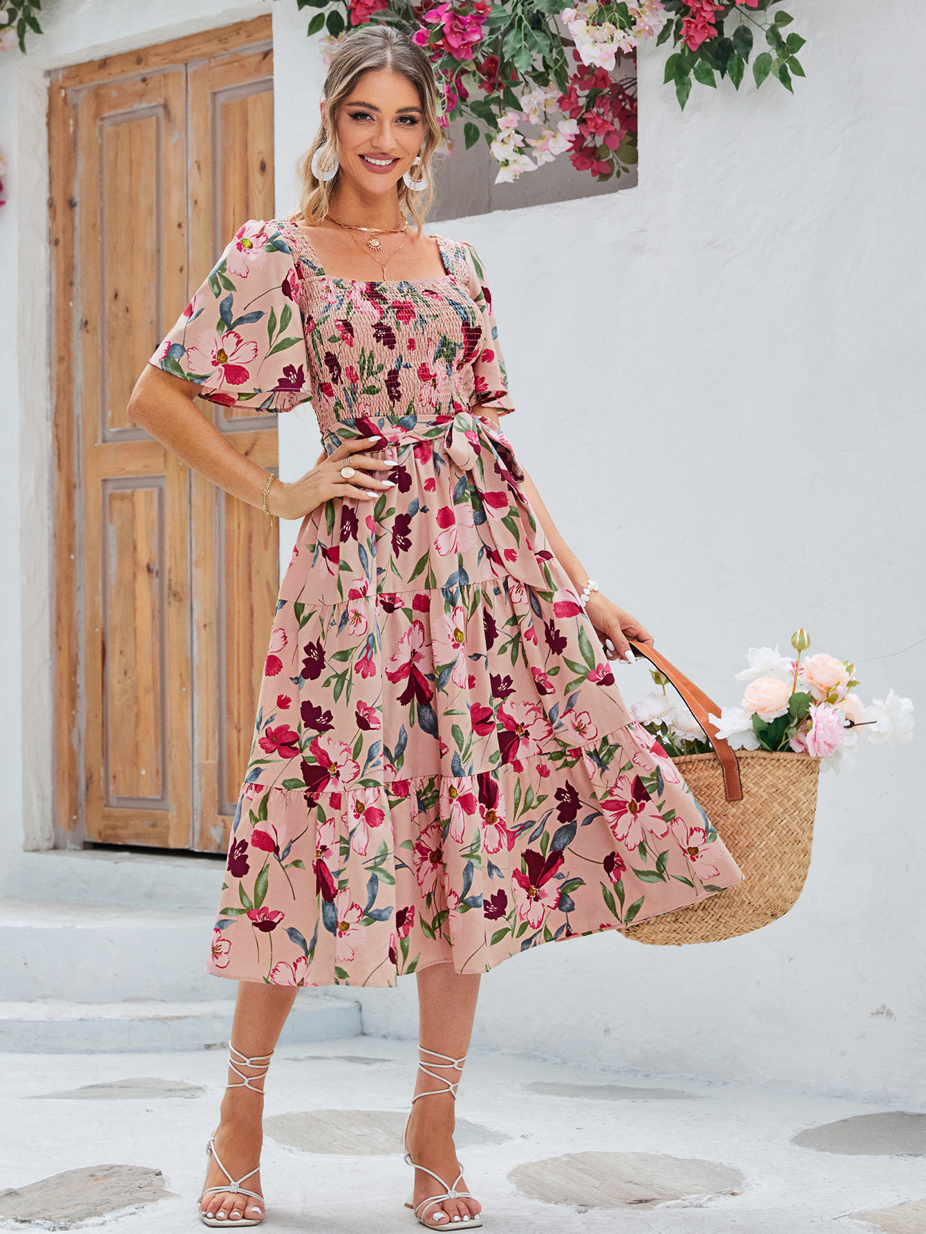 Floral Shirred Ruffle Sleeve Tie Waist Midi Dress - Pink