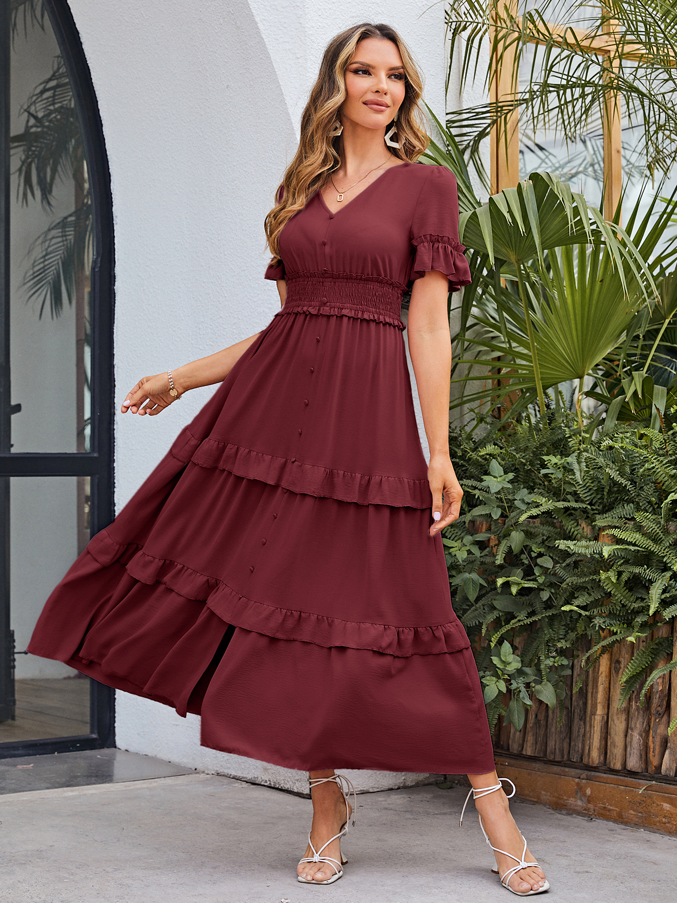 Short Sleeve Tiered Ruffle Smocked V-Neck Maxi Dress