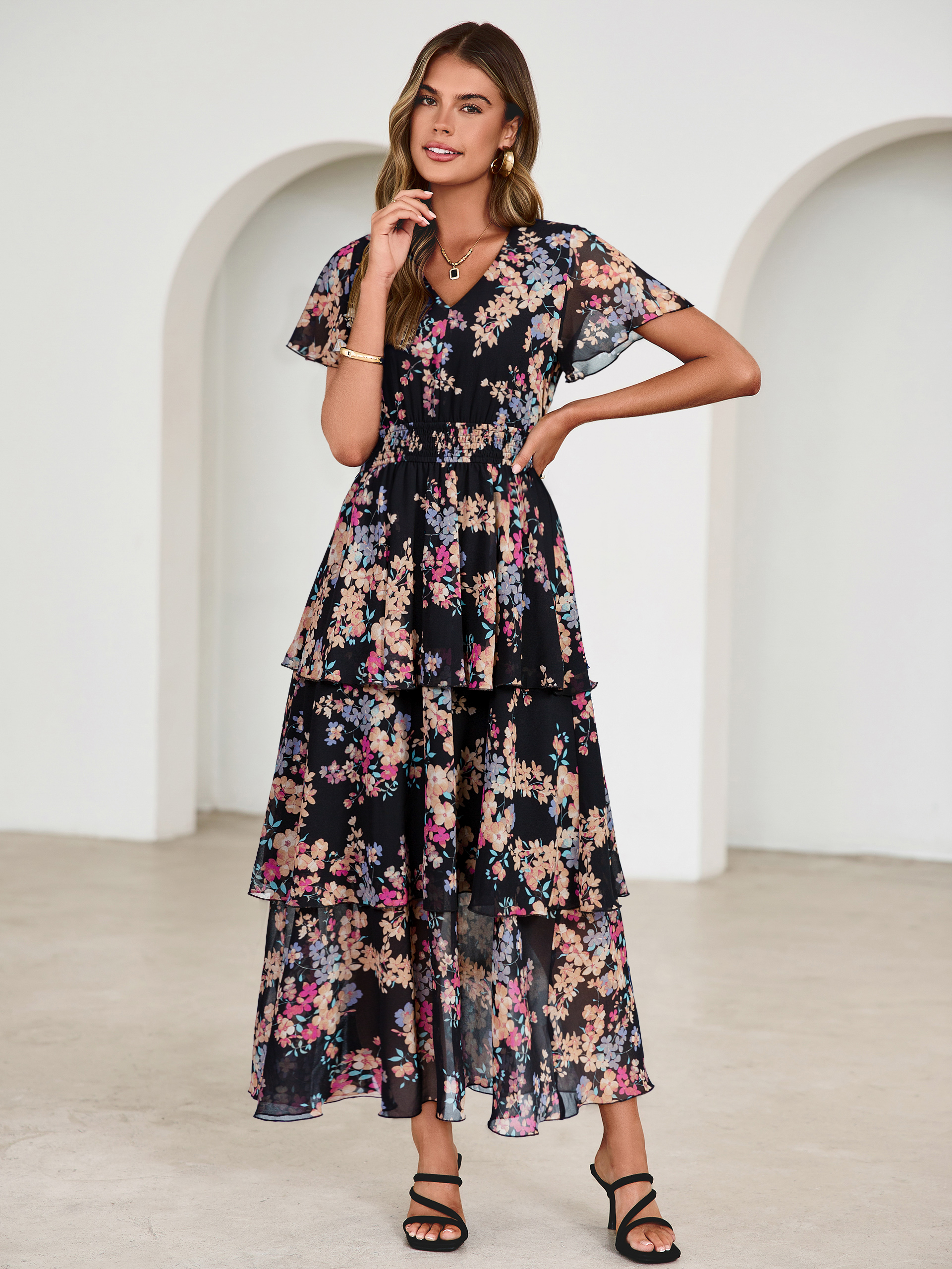 Ruffle Tiered Floral Wedding Guest Maxi Dress - Black Yellow Floral