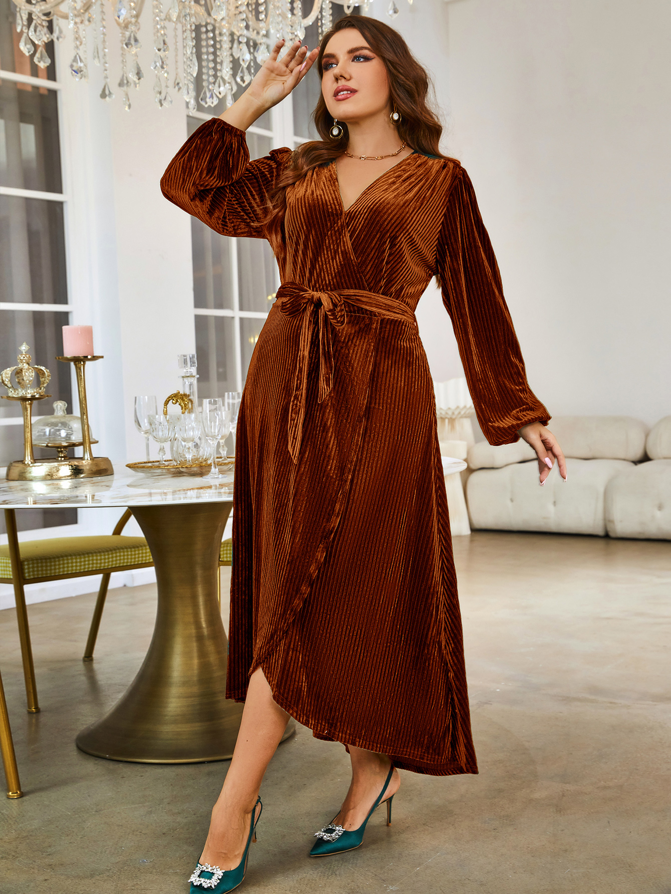 Plus Size Velvet V Neck Long Sleeve Wrap Maxi Dress