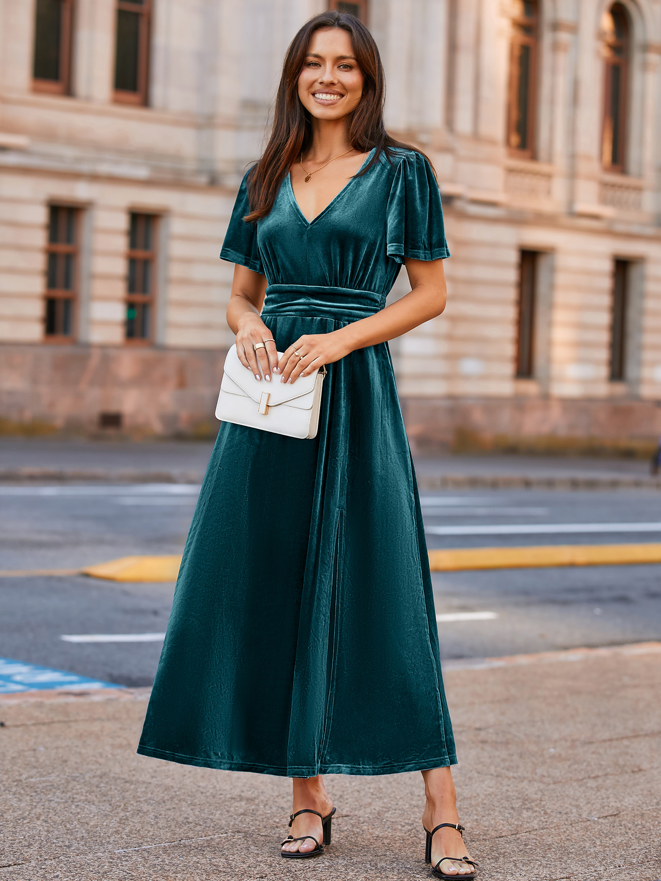 Elegant Velvet V-Neck Slit Ruffle Sleeve Maxi Dress