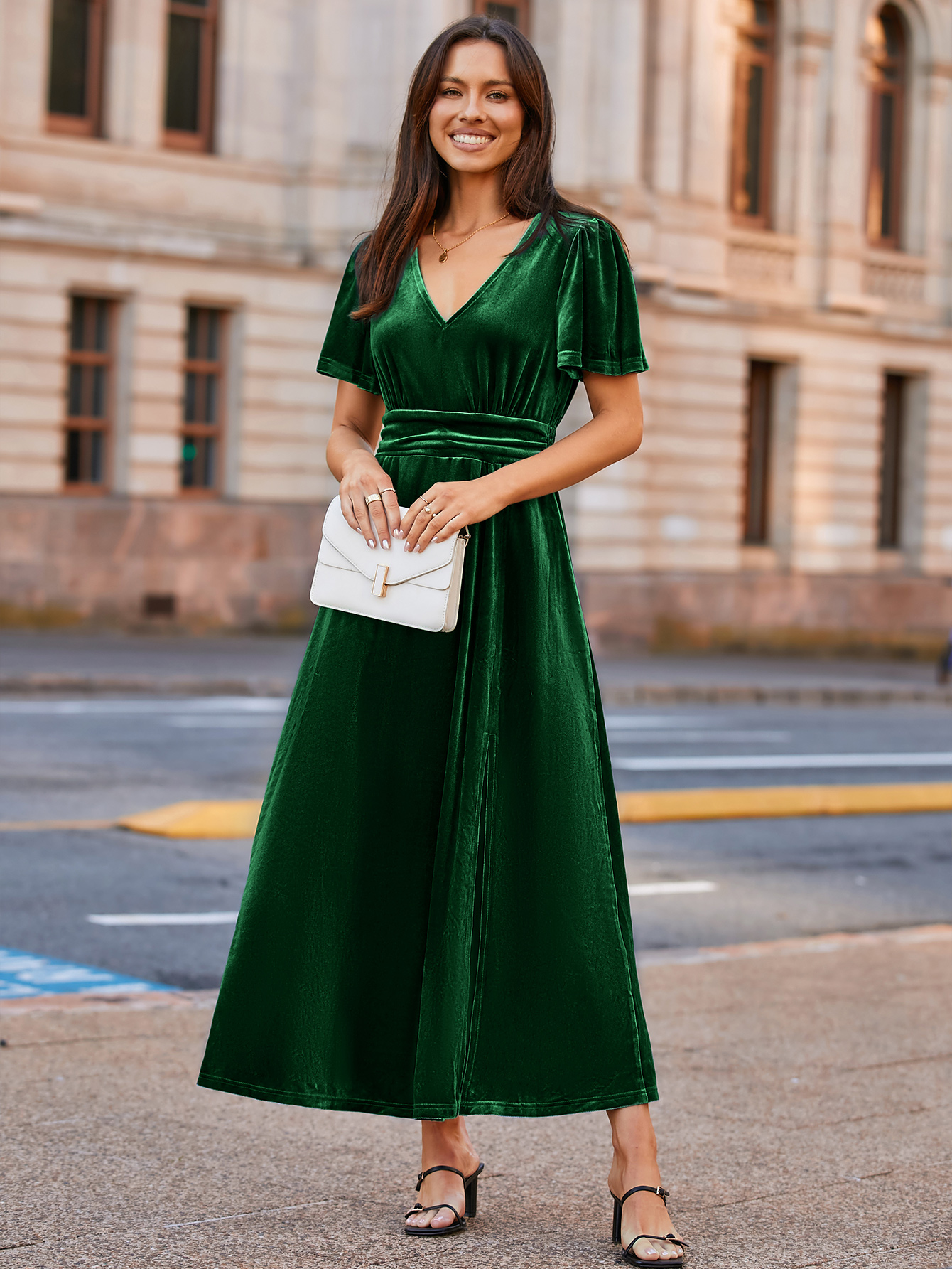 Elegant Velvet V-Neck Slit Ruffle Sleeve Maxi Dress