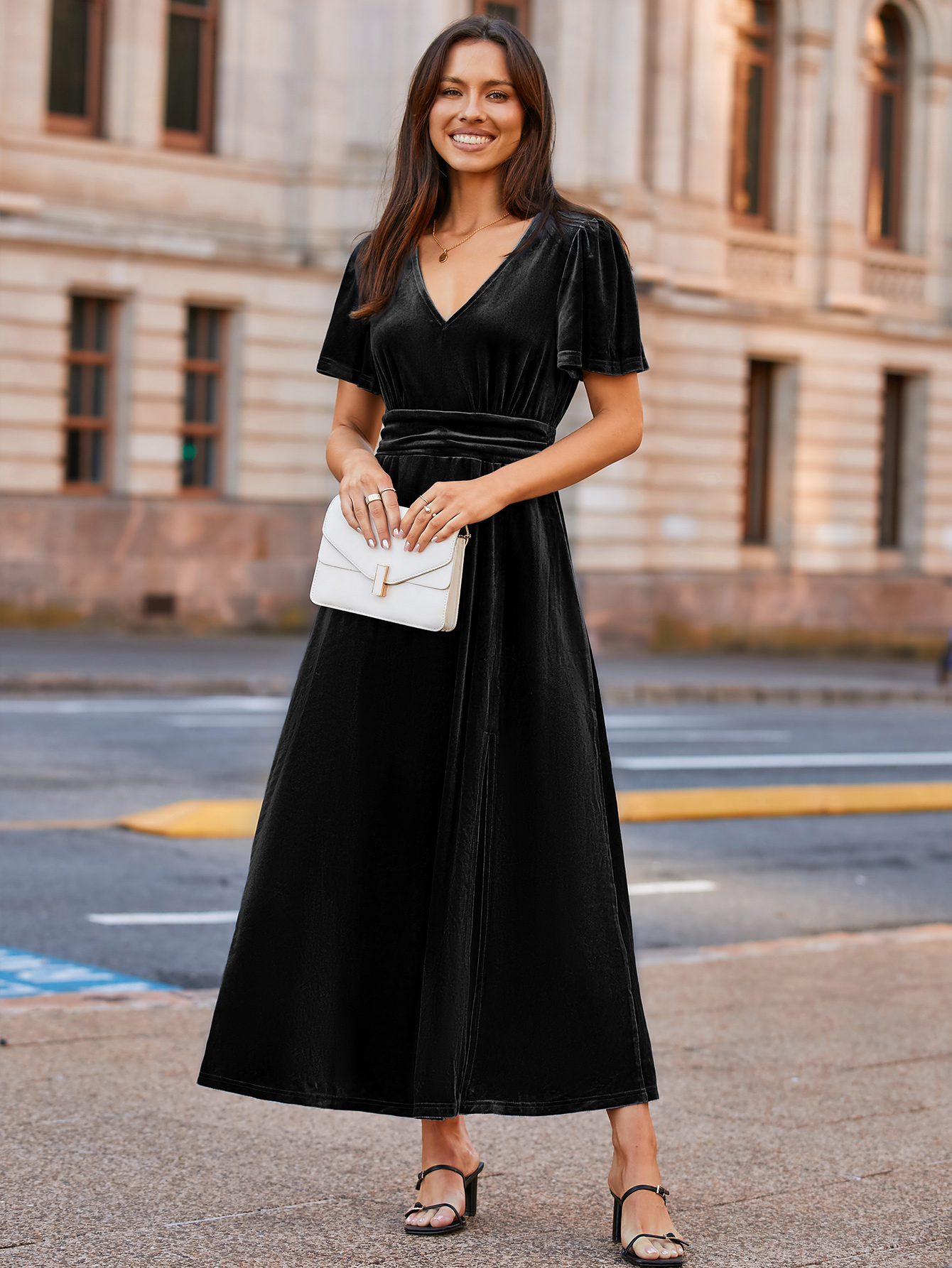 Elegant Velvet V-Neck Slit Ruffle Sleeve Maxi Dress