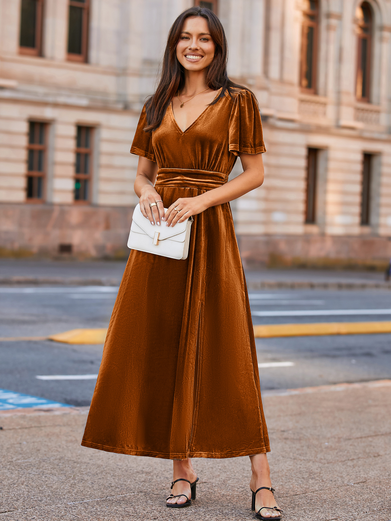 Elegant Velvet V-Neck Slit Ruffle Sleeve Maxi Dress