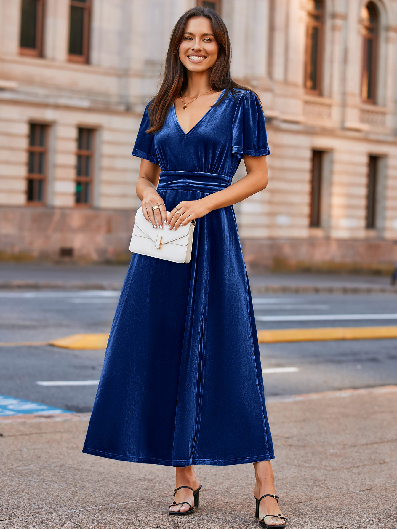 Elegant Velvet V-Neck Slit Ruffle Sleeve Maxi Dress
