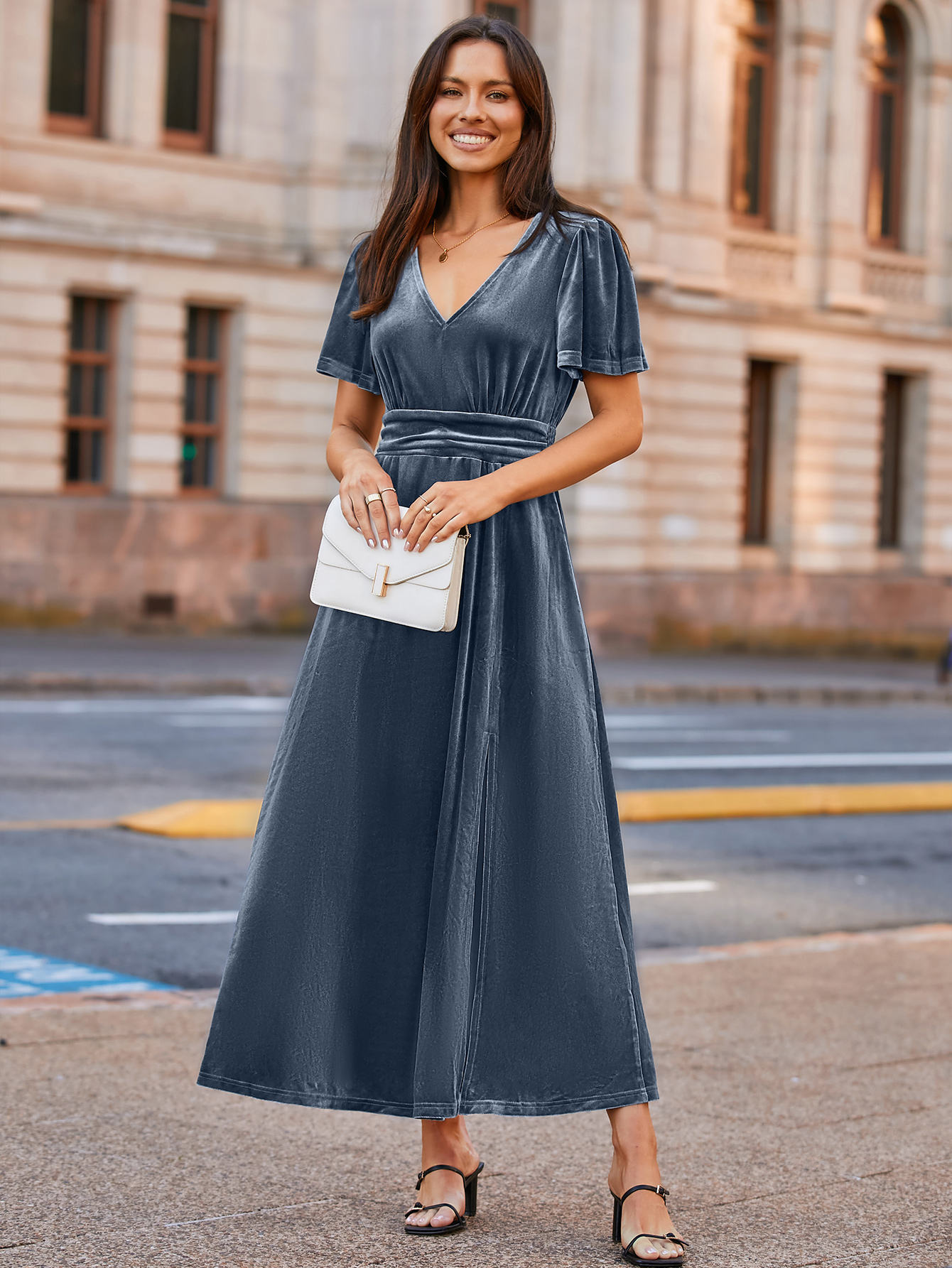 Elegant Velvet V-Neck Slit Ruffle Sleeve Maxi Dress