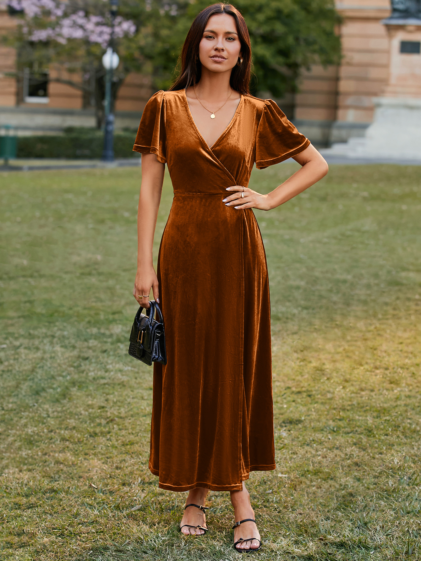 Velvet Wrap Dress V Neck Cocktail Maxi Dress