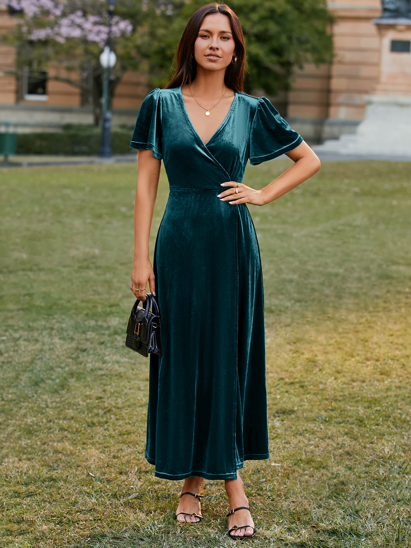 Velvet Wrap Dress V Neck Cocktail Maxi Dress