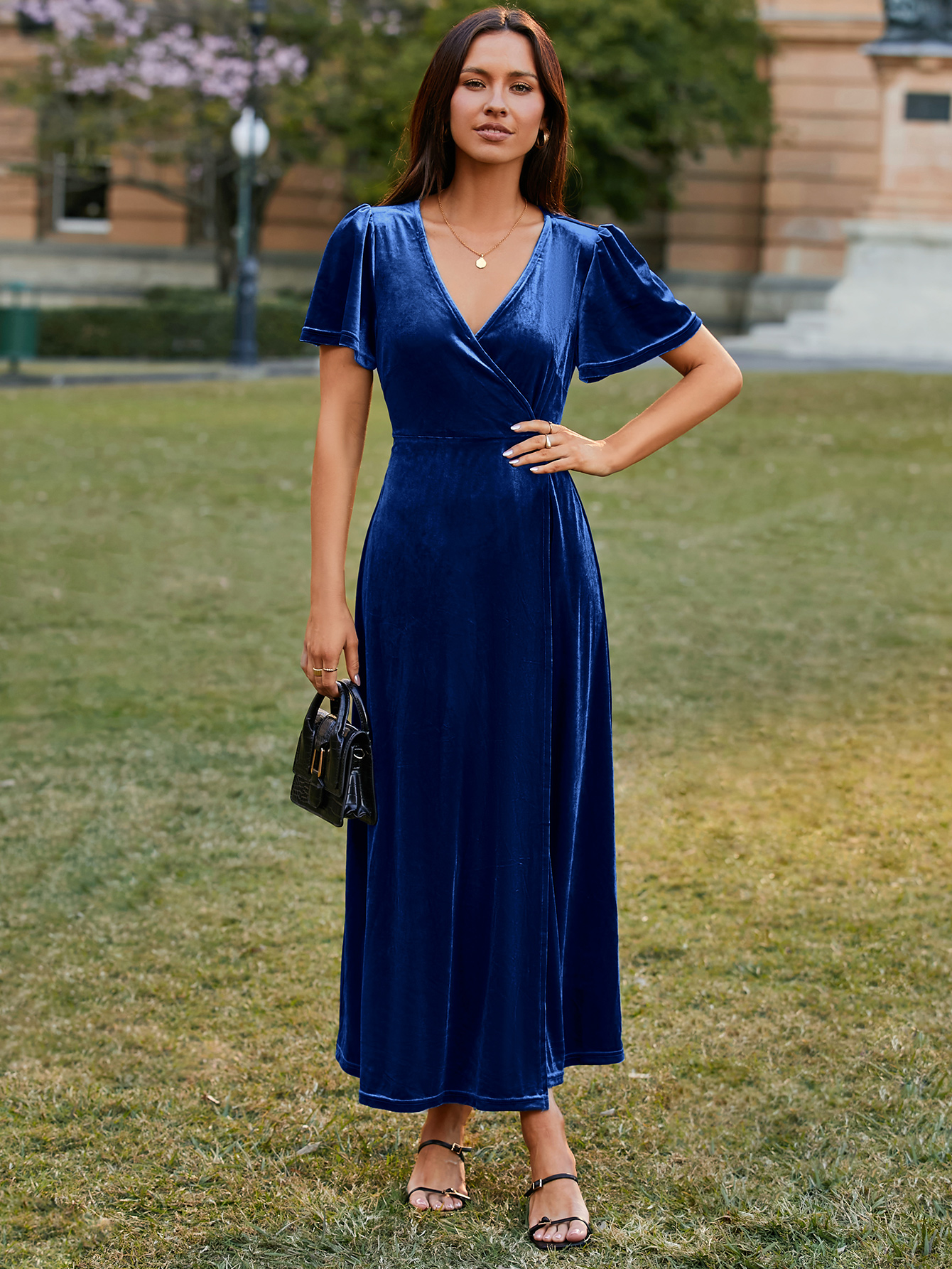 Velvet Wrap Dress V Neck Cocktail Maxi Dress