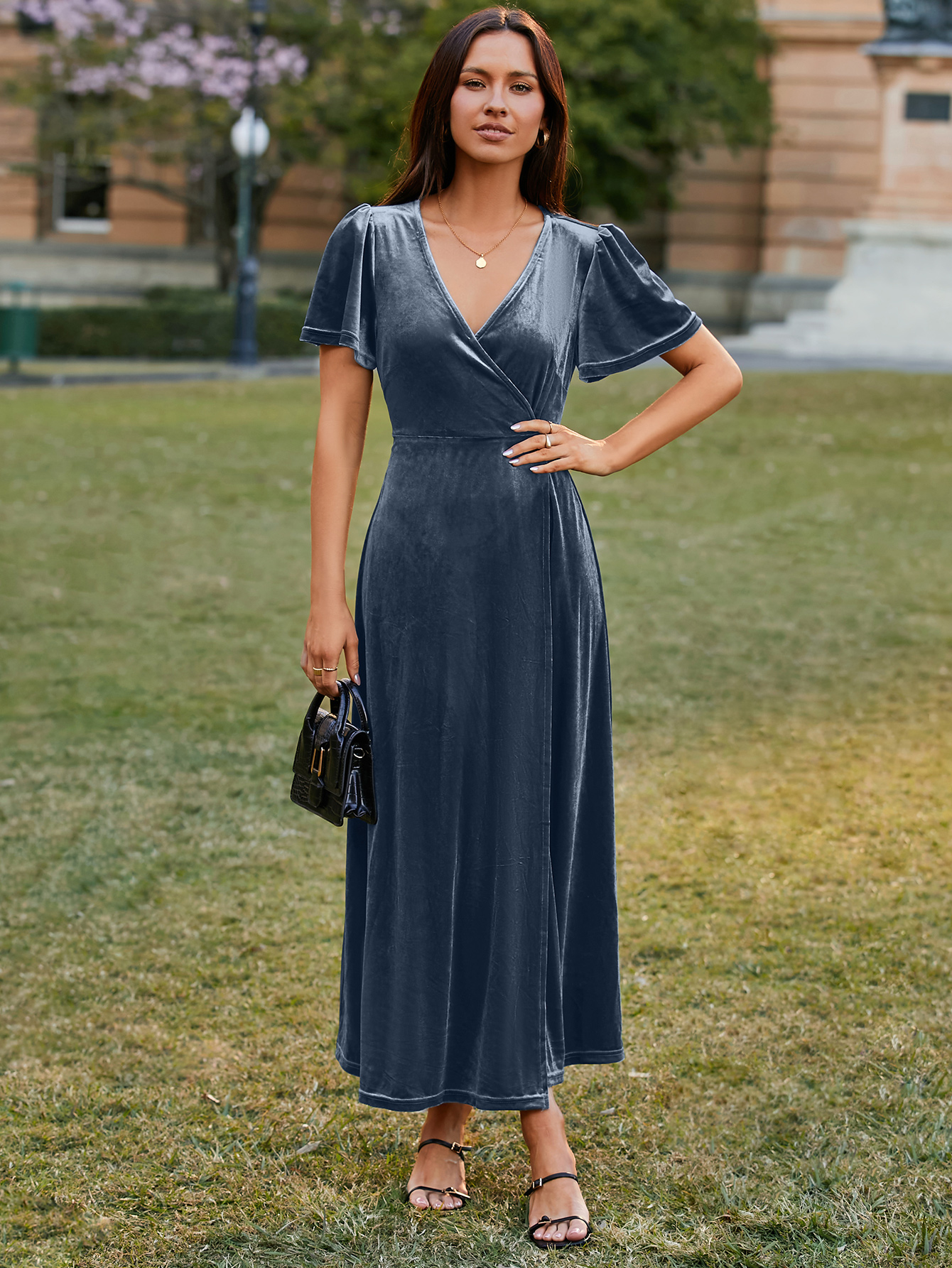 Velvet Wrap Dress V Neck Cocktail Maxi Dress
