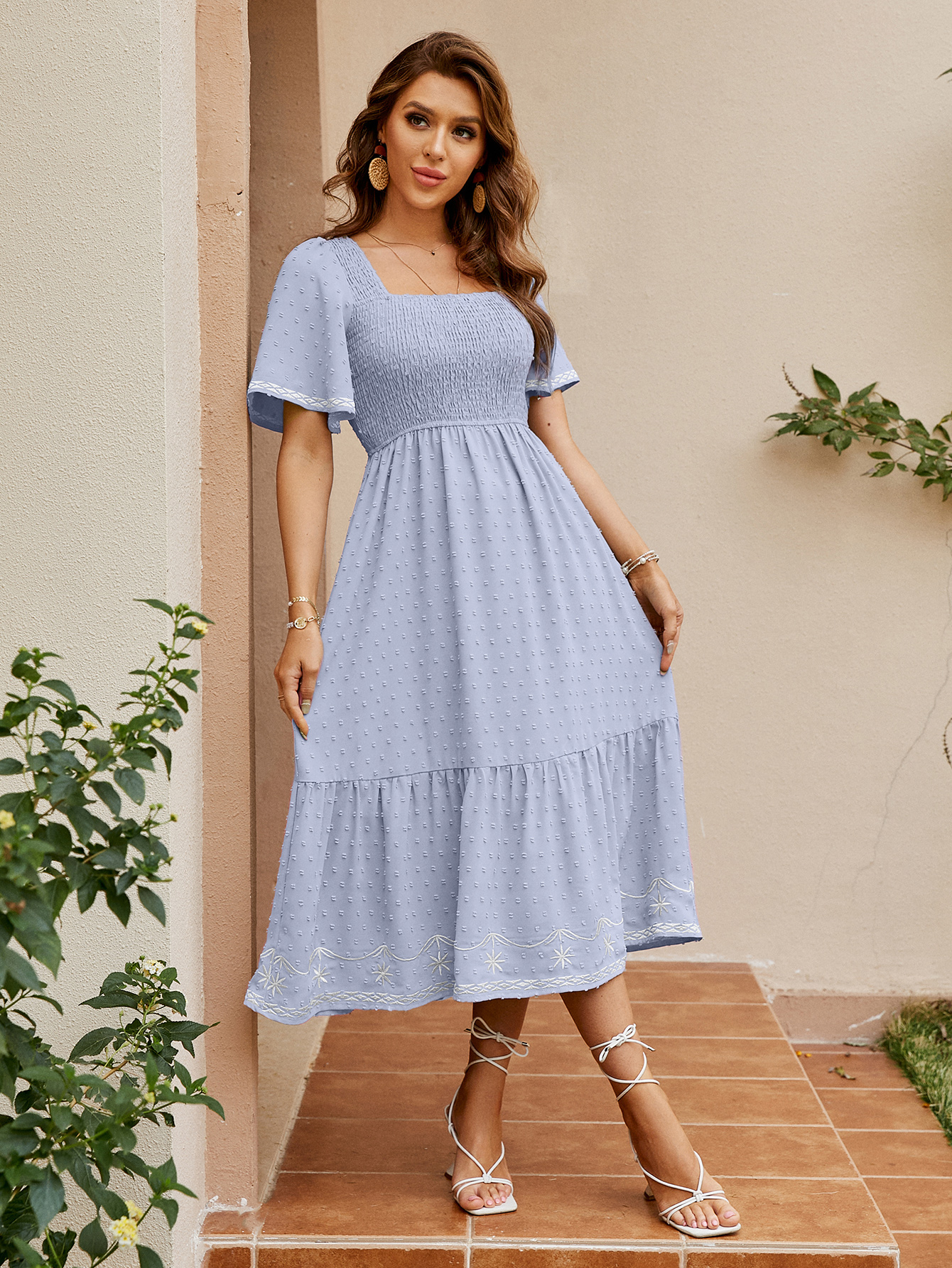 Square Neck Smocked Ruffle A Line Maxi Dress