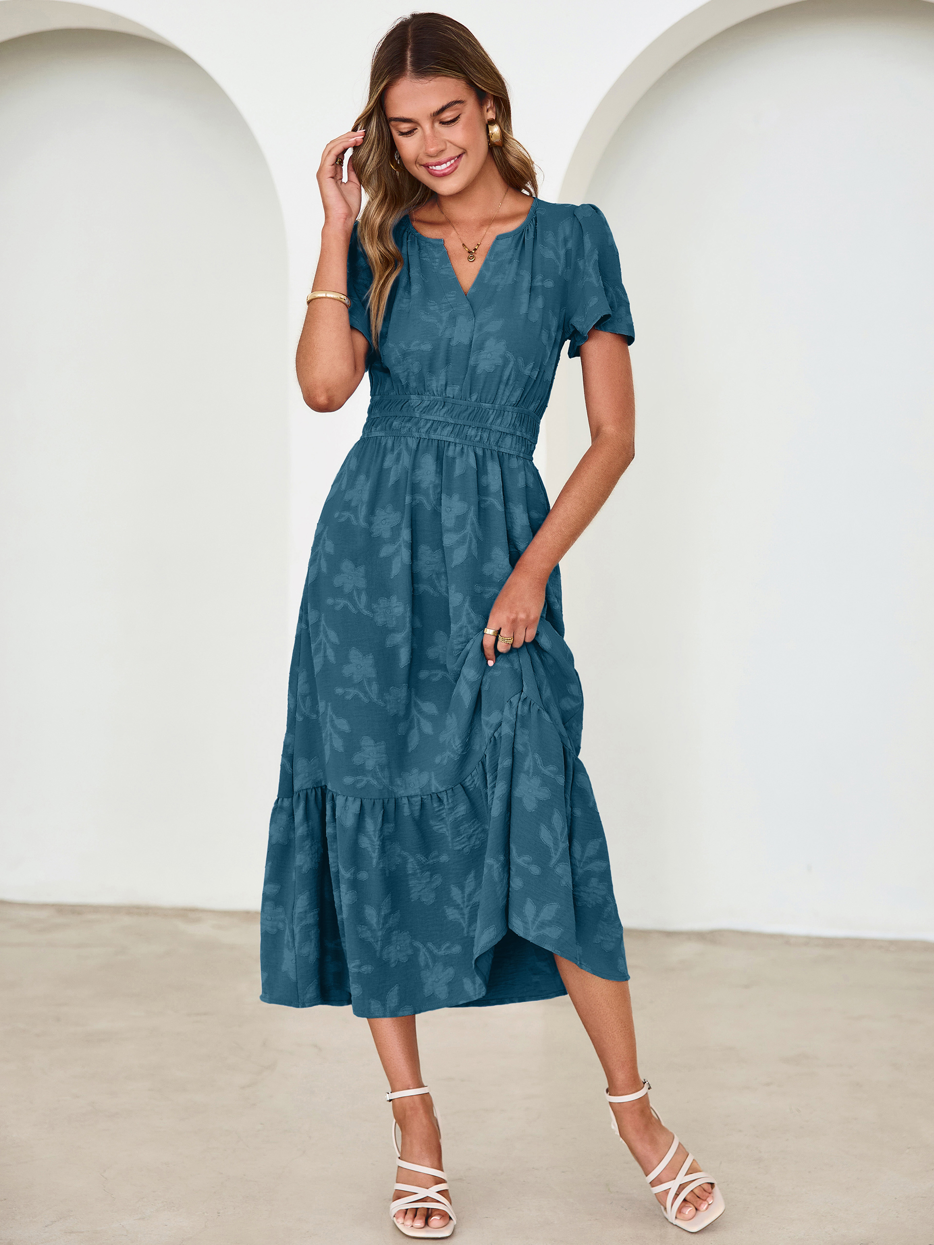V Neck Burnout Floral Ruffle Maxi Dress