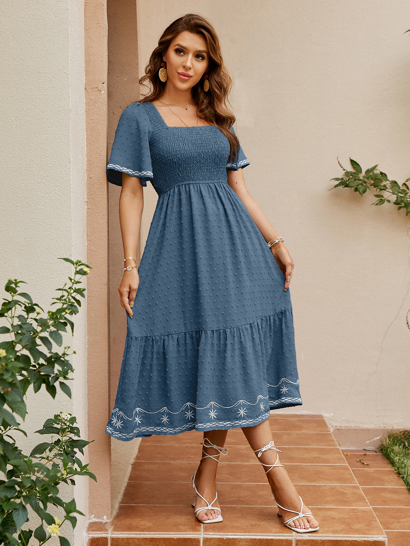 Square Neck Smocked Ruffle A Line Maxi Dress