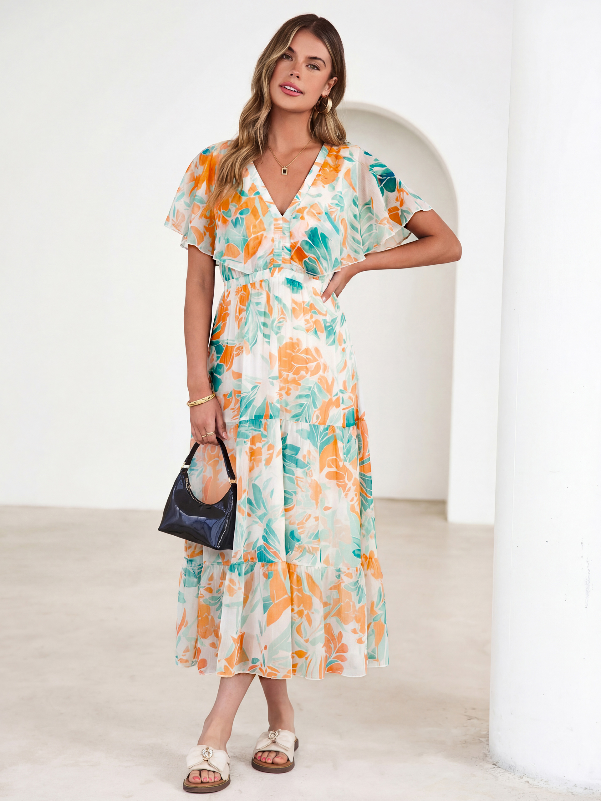 Floral V Neck Ruffle Sleeve Backless Maxi Dress