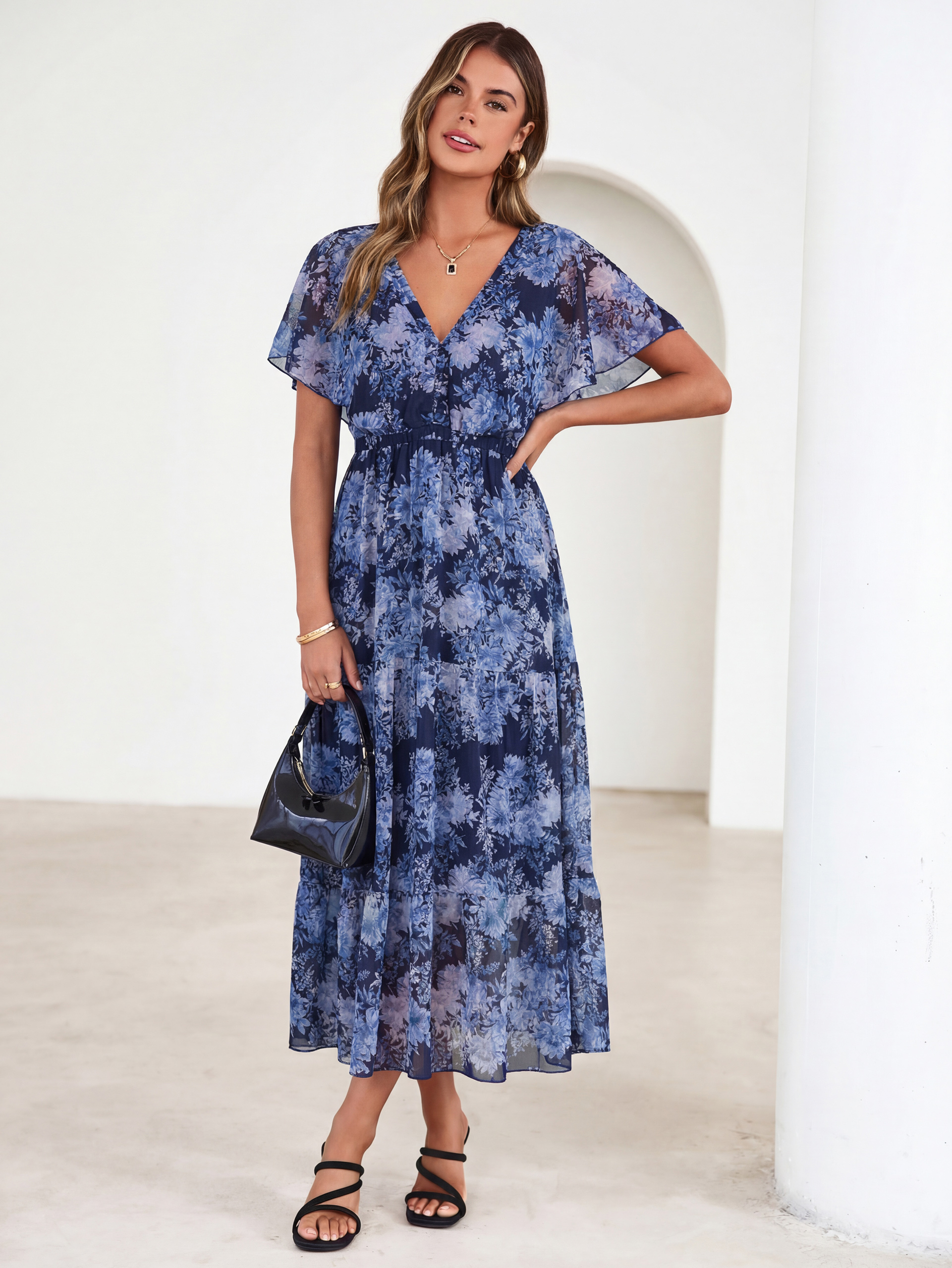Floral V Neck Ruffle Sleeve Backless Maxi Dress