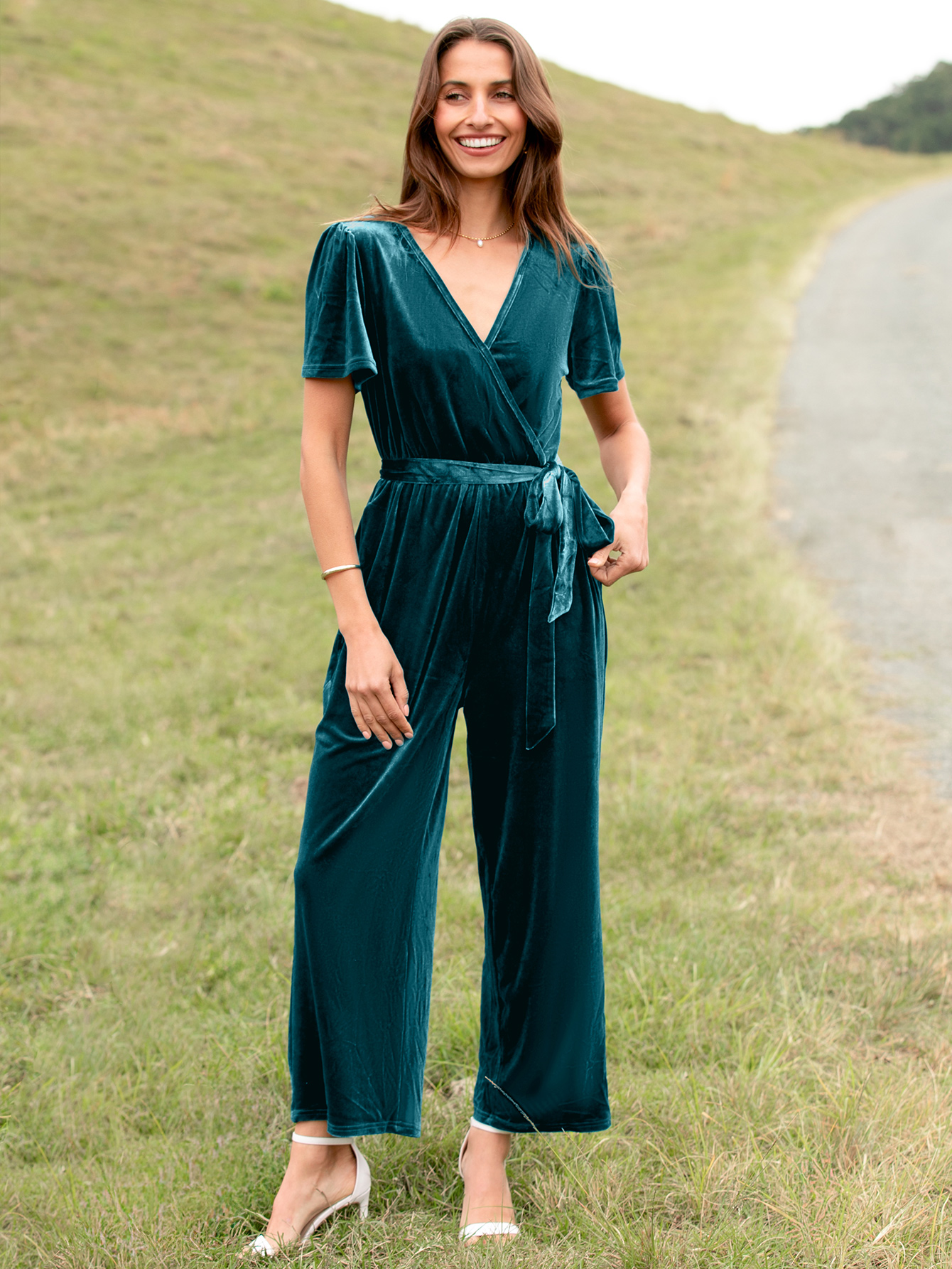 Velvet Short Sleeve Belted Wide Leg Jumpsuit