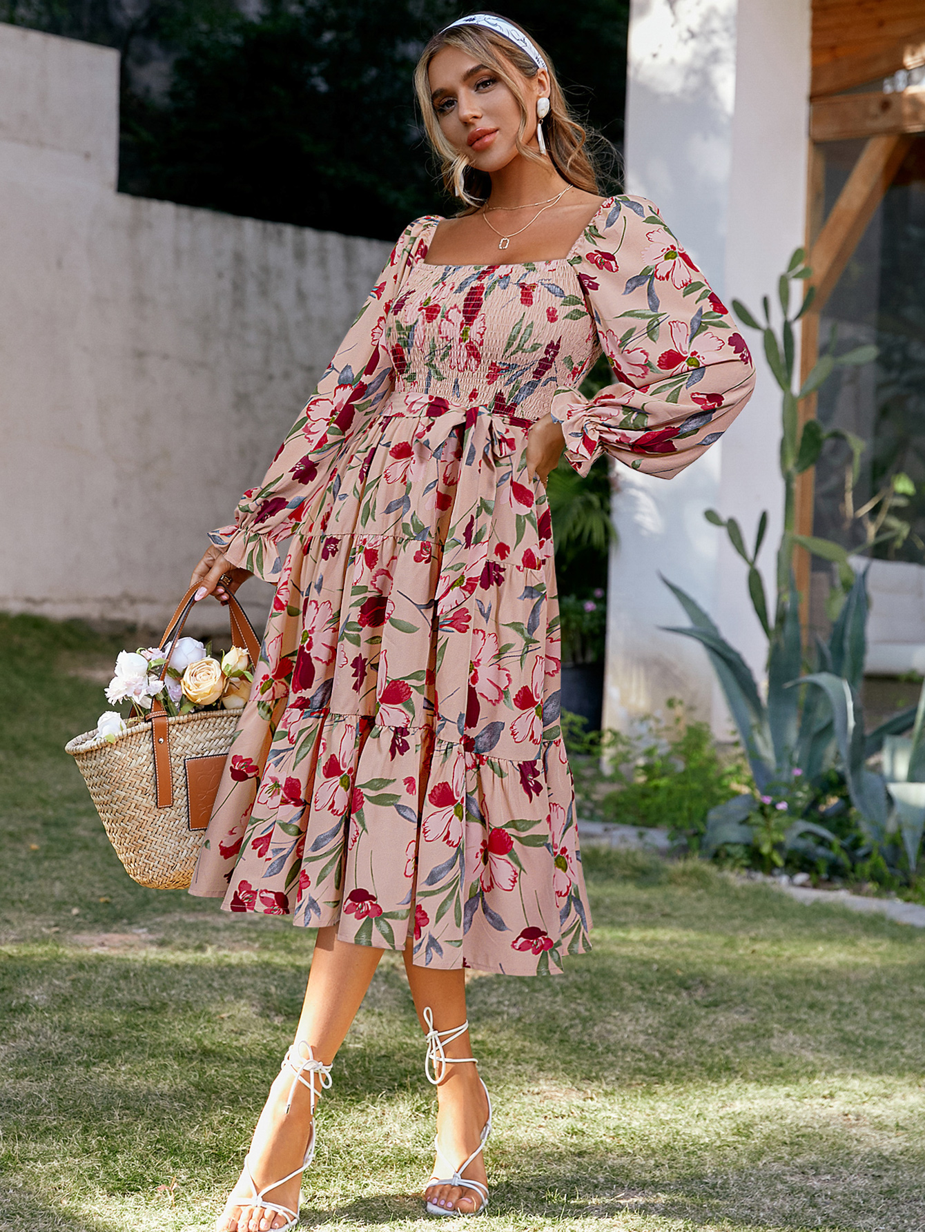 Floral Shirred Tie Waist Long Sleeve Midi Dress - Pink