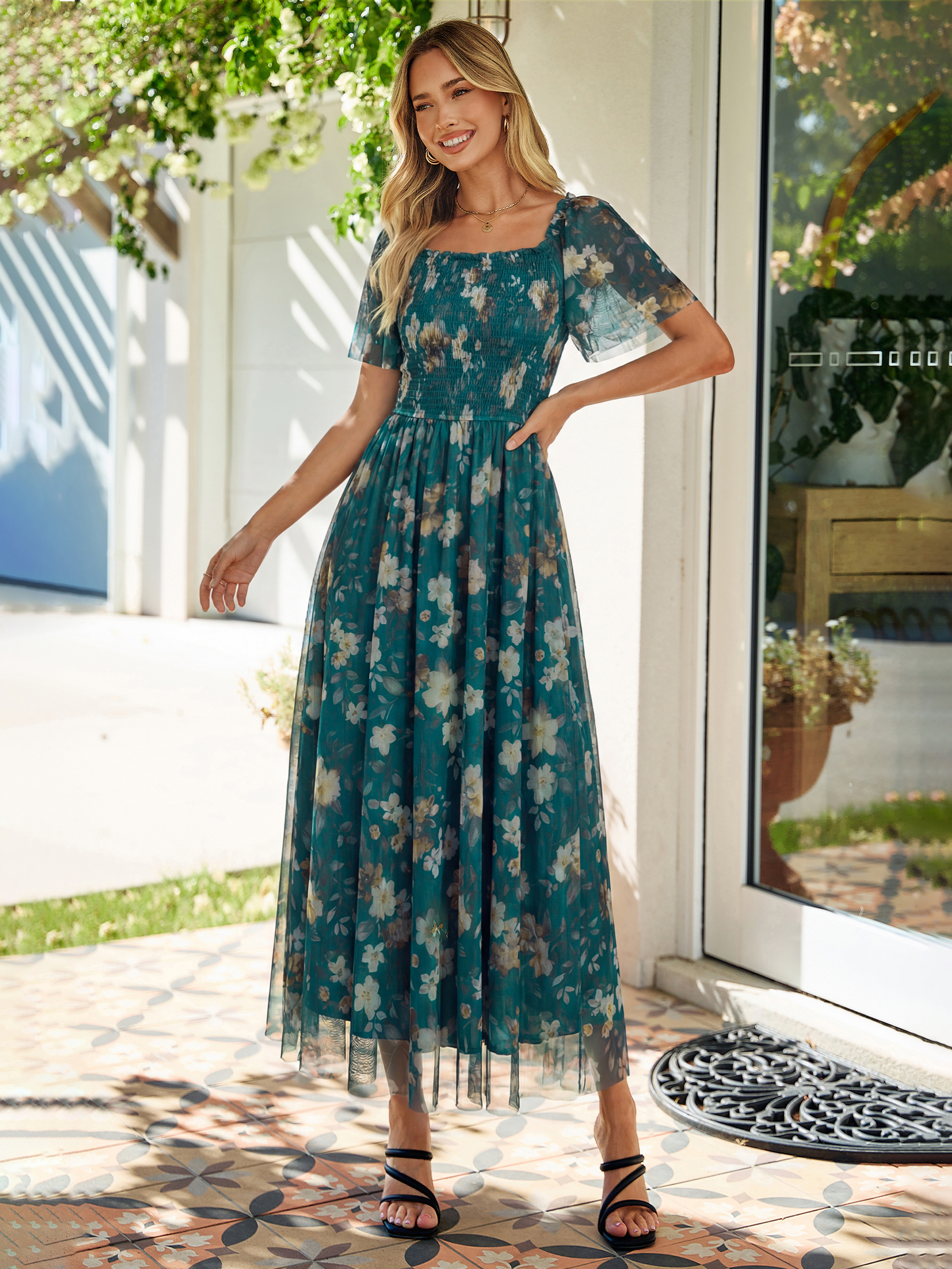 Floral Square Neck Smocked Flutter Sleeve Maxi Dress