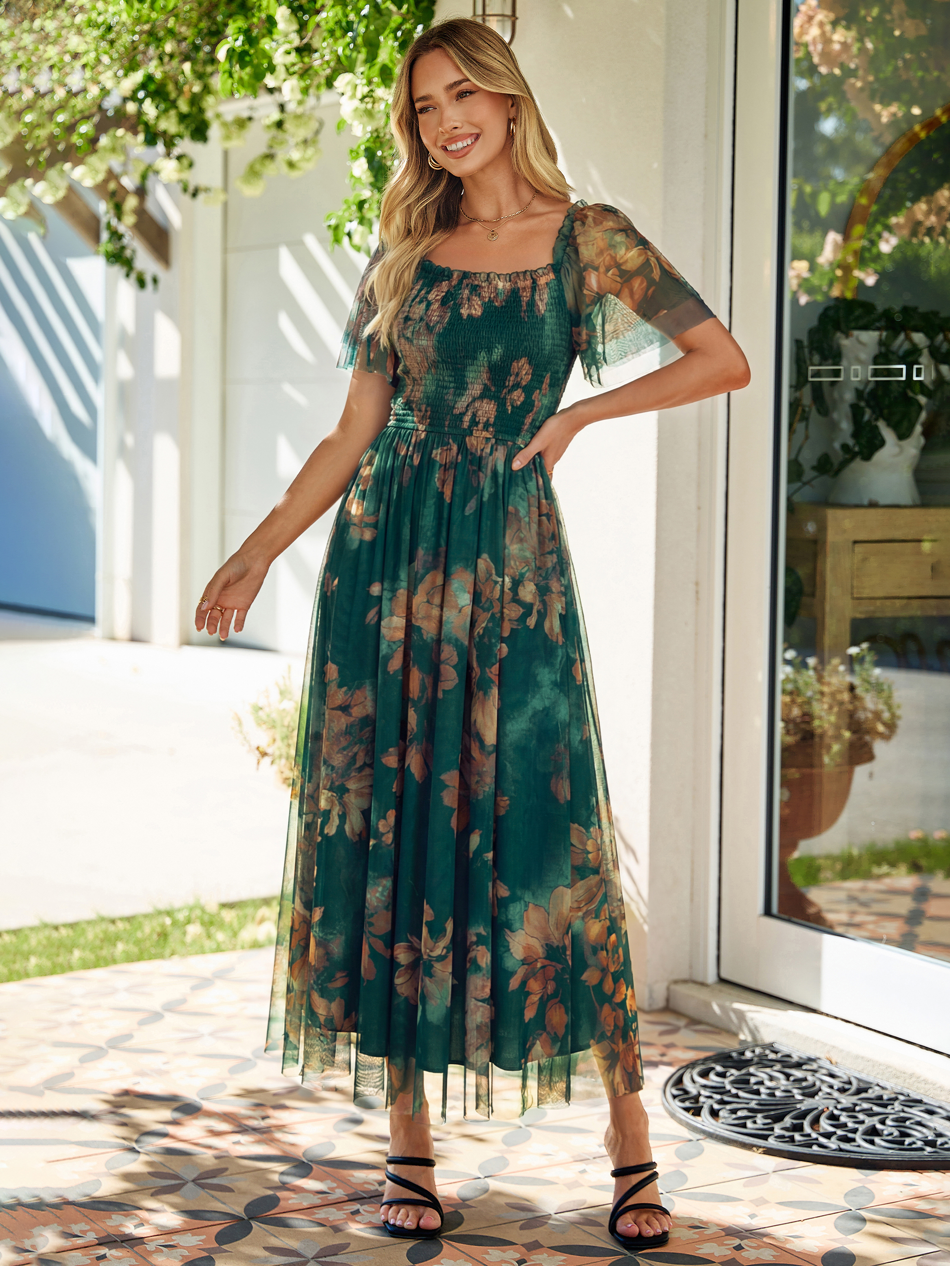 Floral Square Neck Smocked Flutter Sleeve Maxi Dress