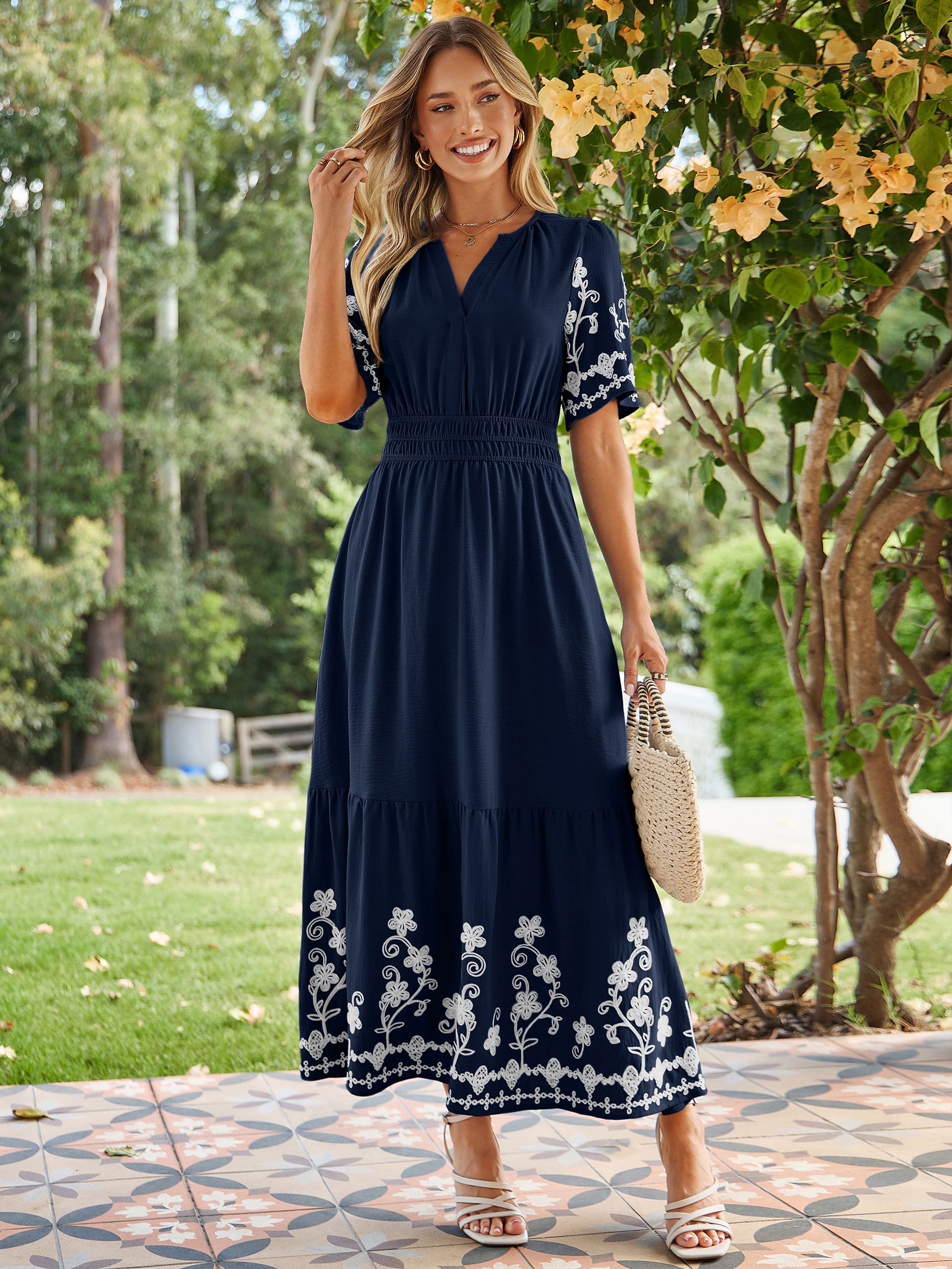Floral Embroidery V-Neck A-Line Maxi Dress