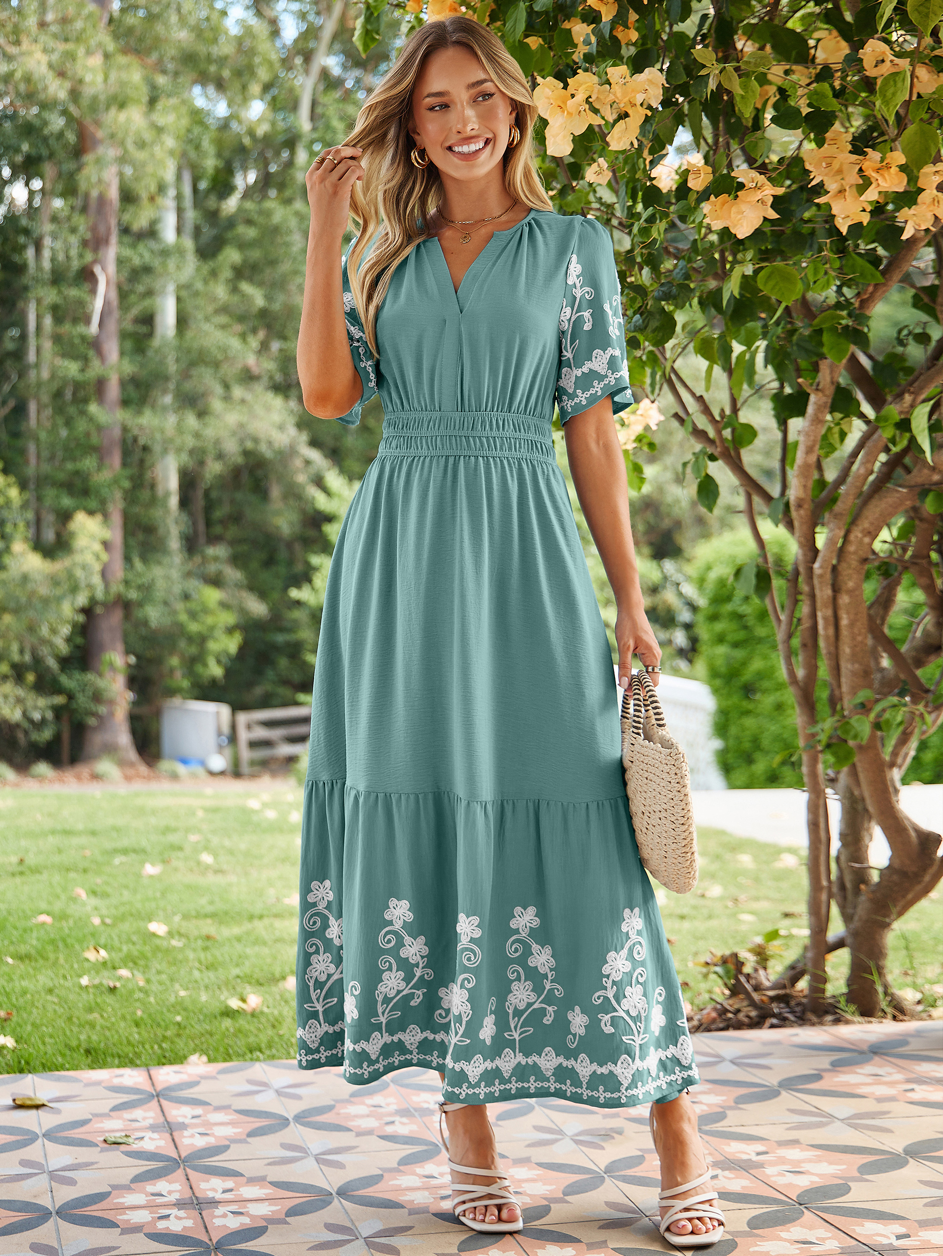 Floral Embroidery V-Neck A-Line Maxi Dress