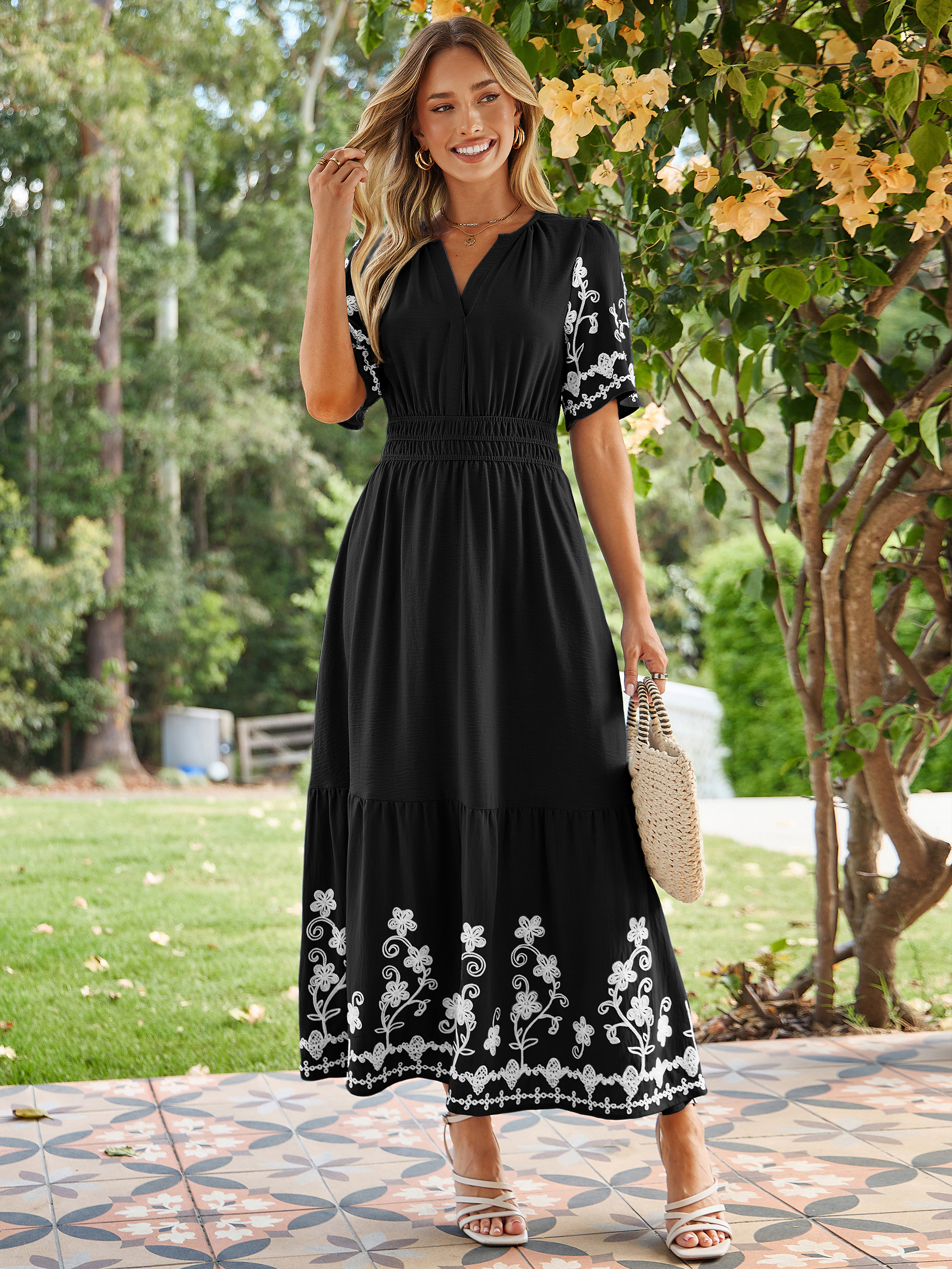 Floral Embroidery V-Neck A-Line Maxi Dress