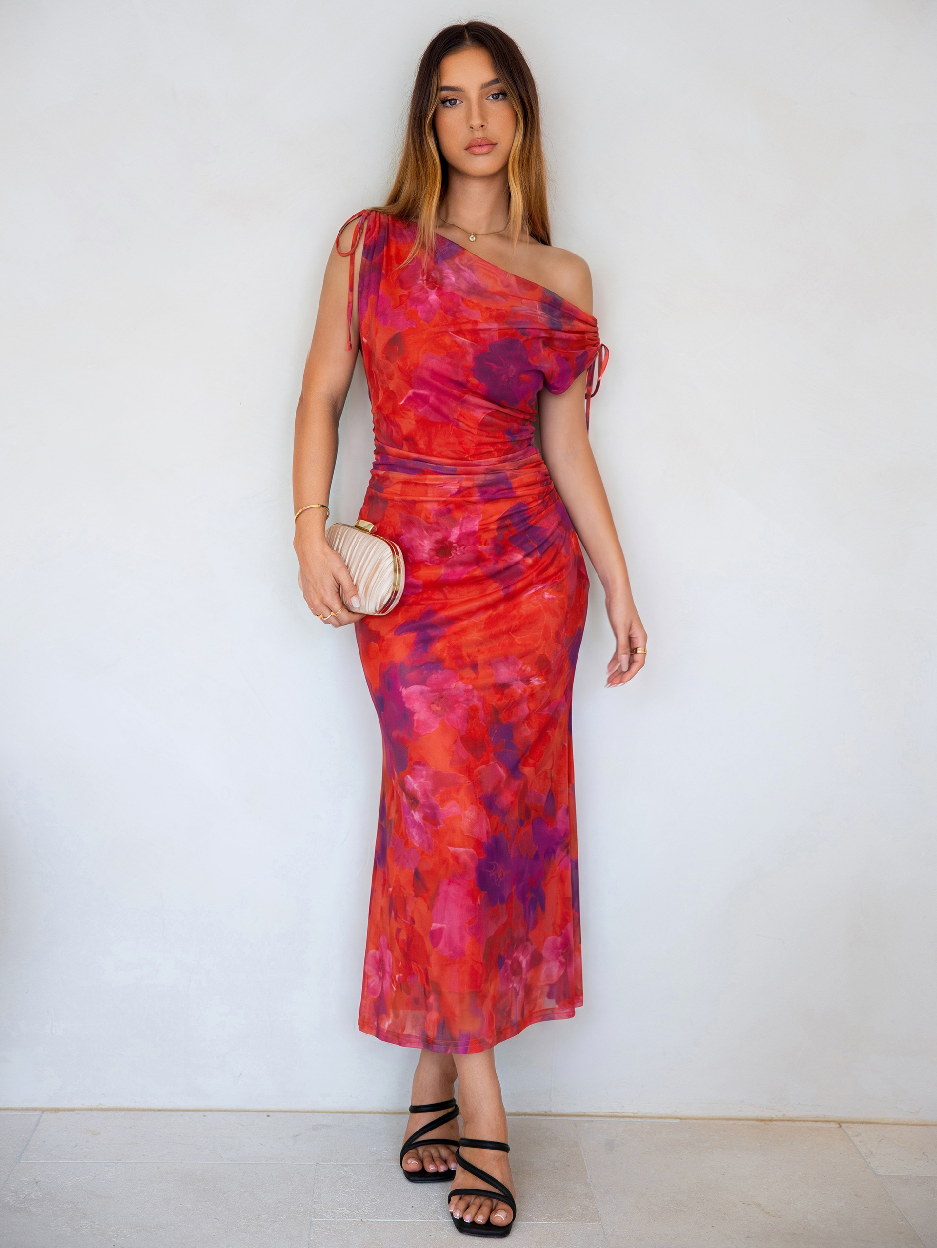 Floral Off Shoulder Mesh Bodycon Maxi Dress - Orange Red Floral