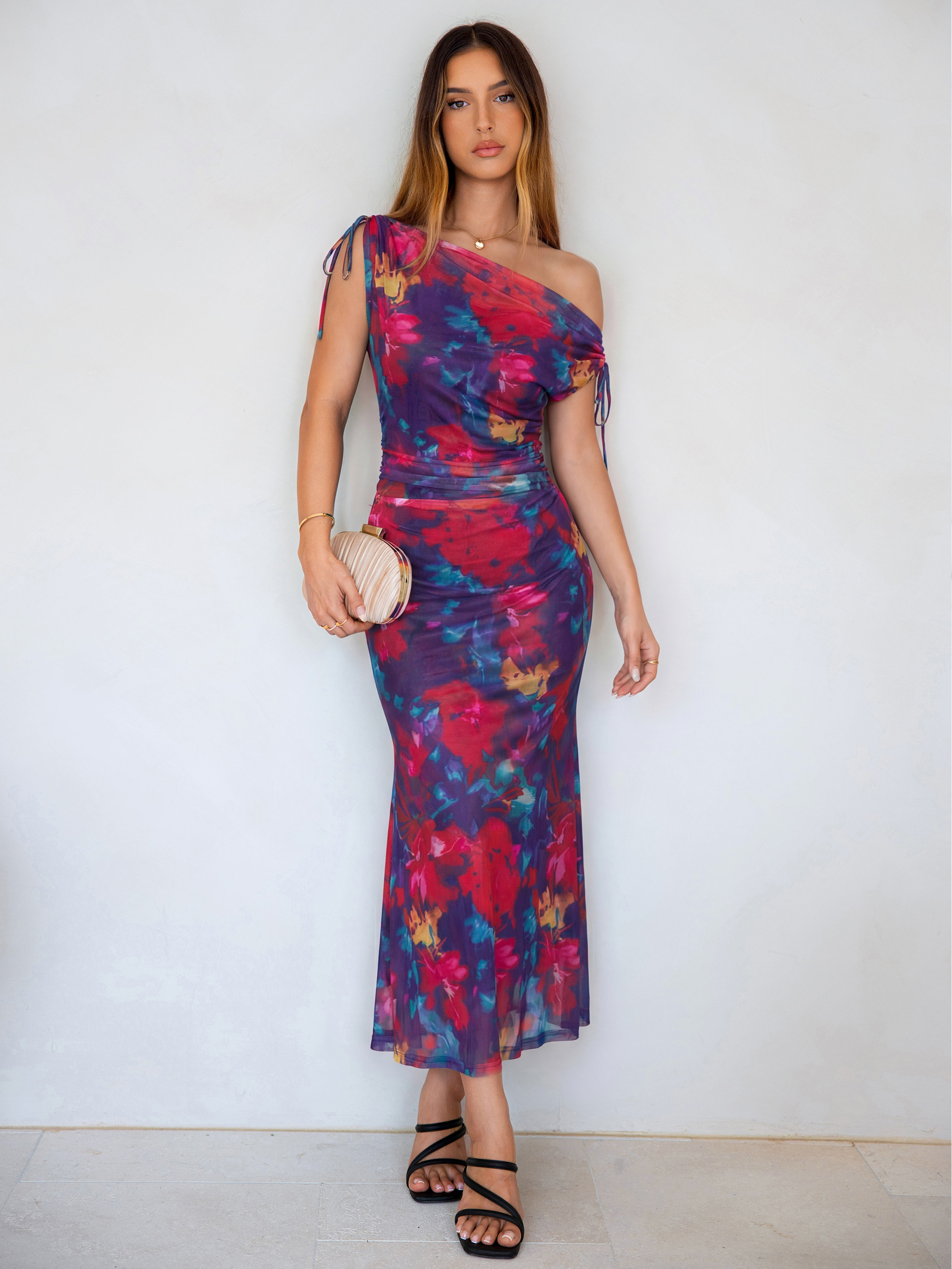 Floral Off Shoulder Mesh Bodycon Maxi Dress - Purple Red Floral