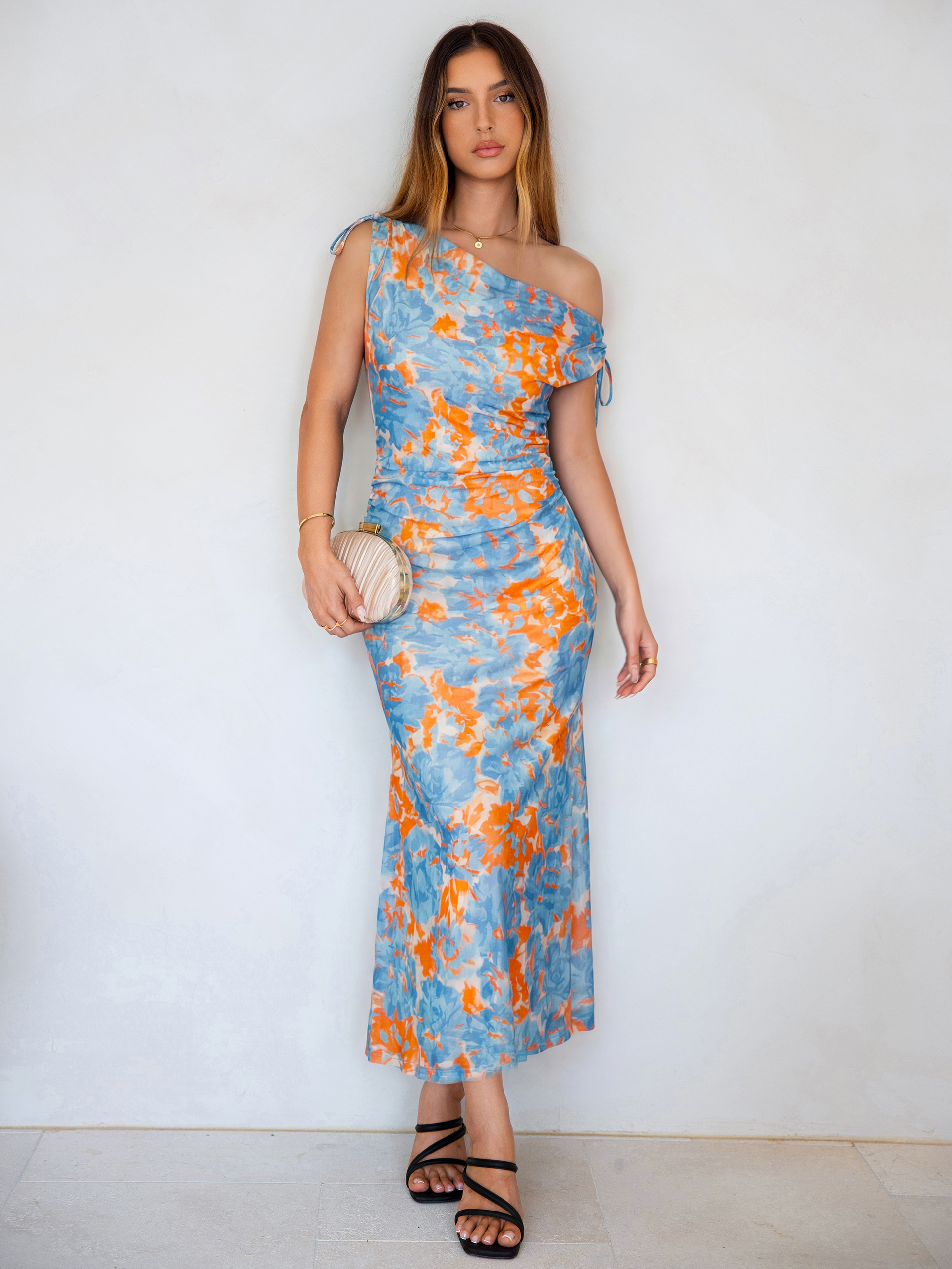 Floral Off Shoulder Mesh Bodycon Maxi Dress - Blue Orange Floral