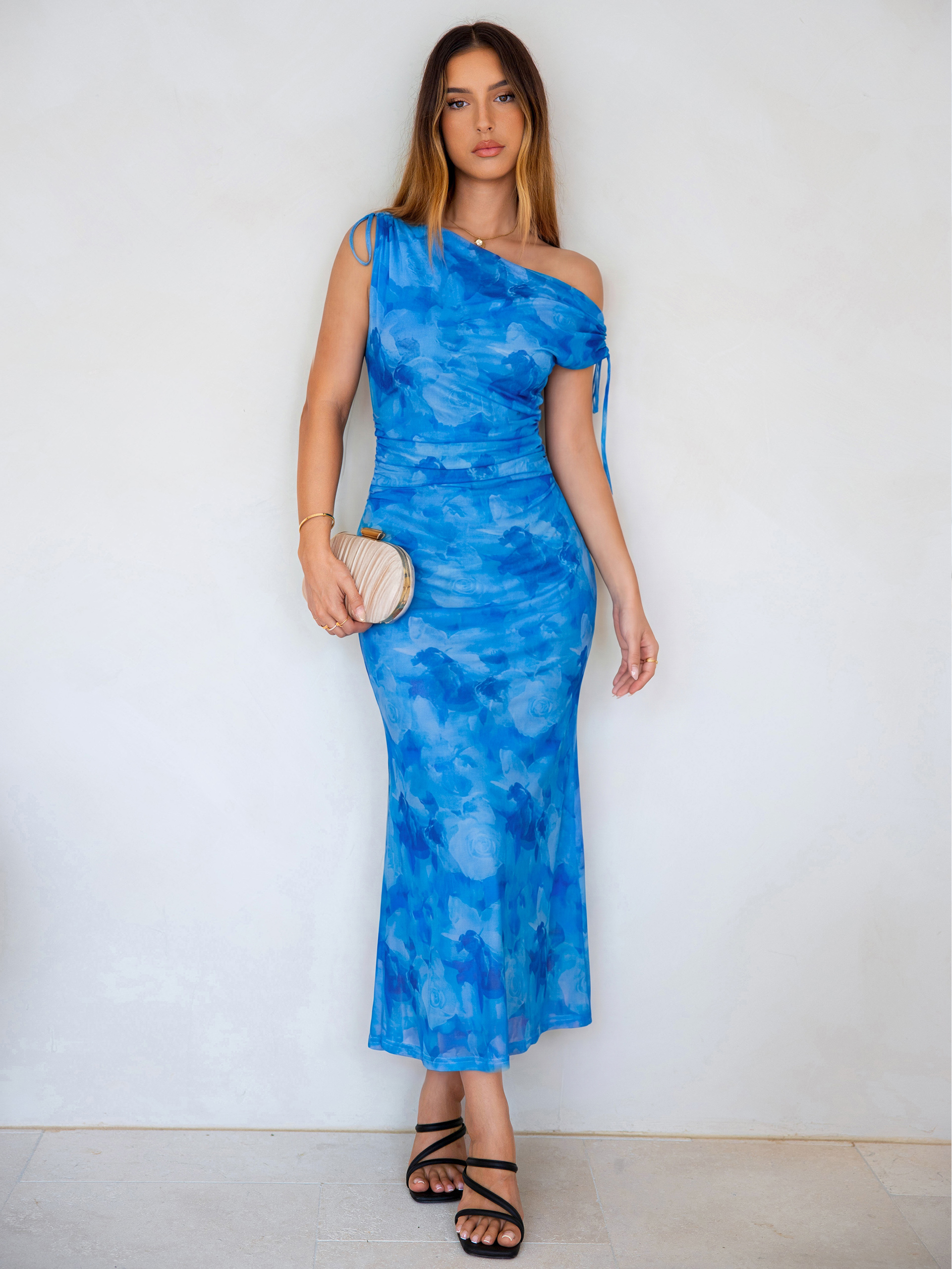 Floral Off Shoulder Mesh Bodycon Maxi Dress - Blue Floral