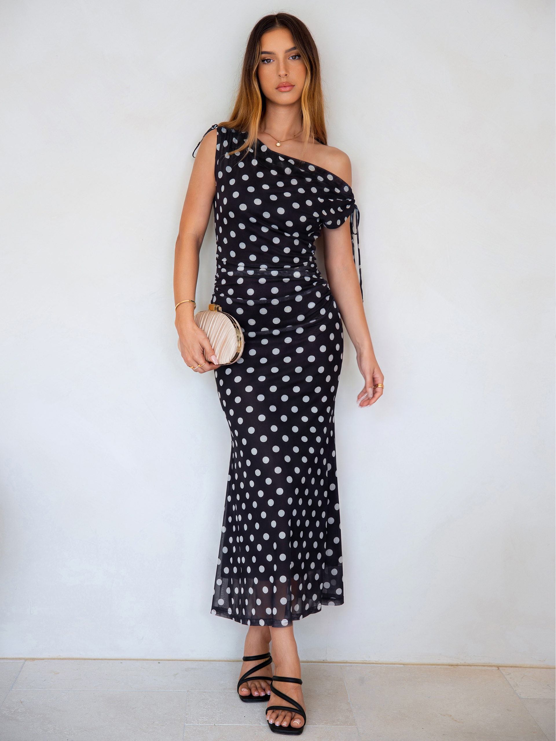 Polka Dot Off Shoulder Mesh Bodycon Maxi Dress
