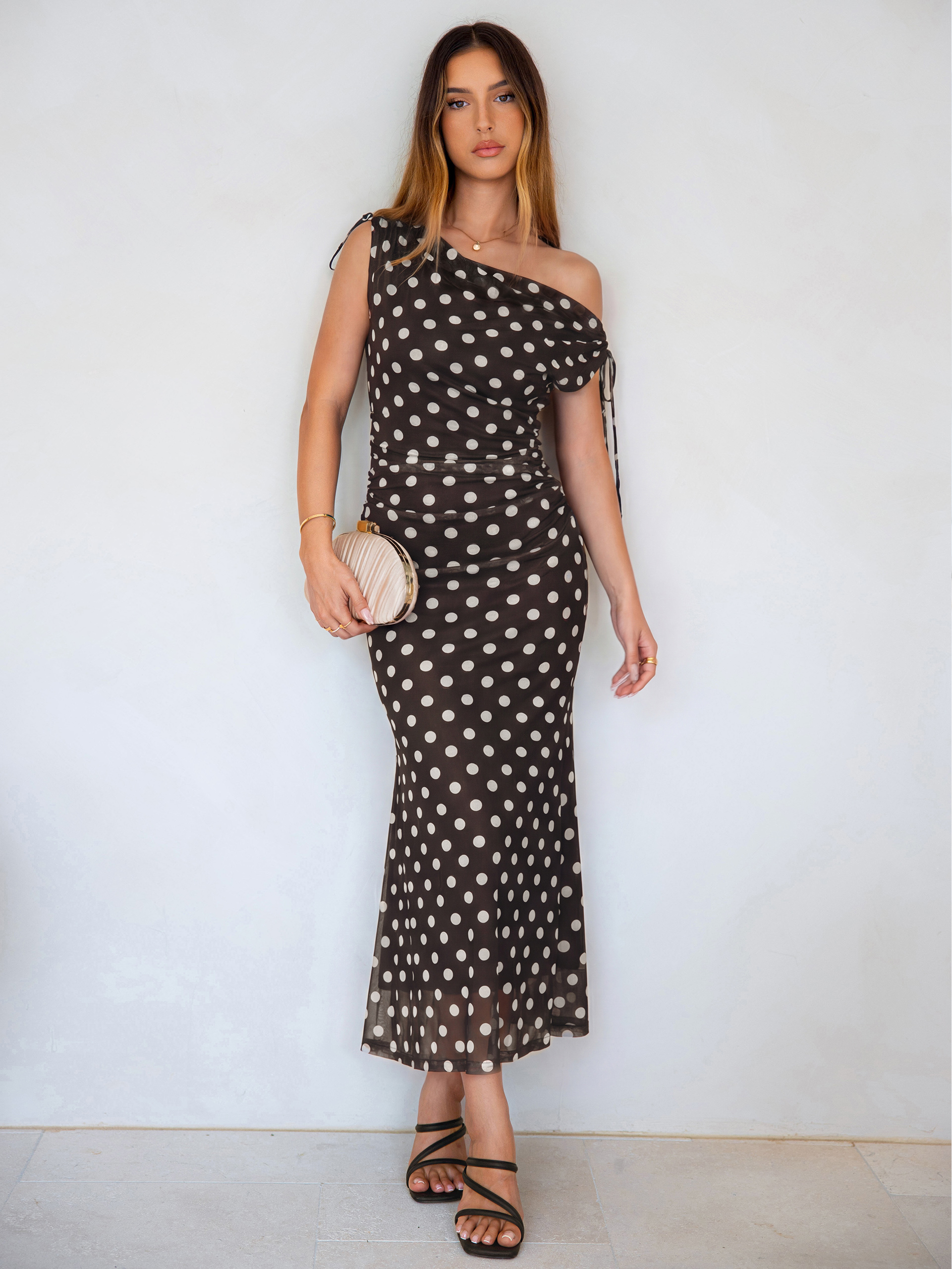 Polka Dot Off Shoulder Mesh Bodycon Maxi Dress