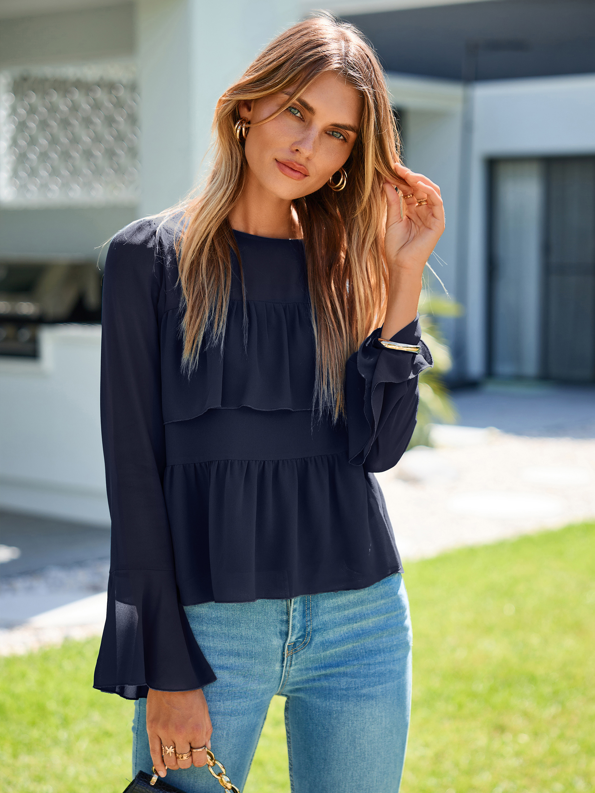 Round Neck Ruffle Peplum Chiffon Blouse