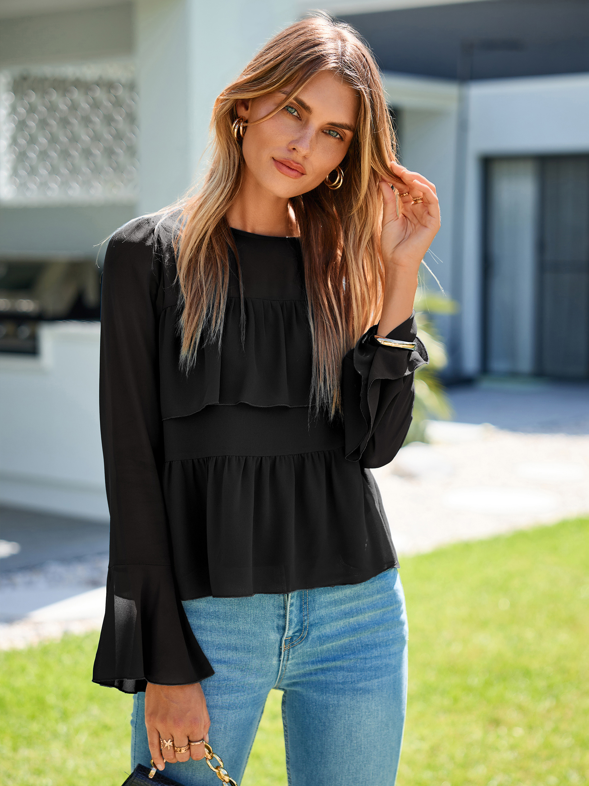 Round Neck Ruffle Peplum Chiffon Blouse