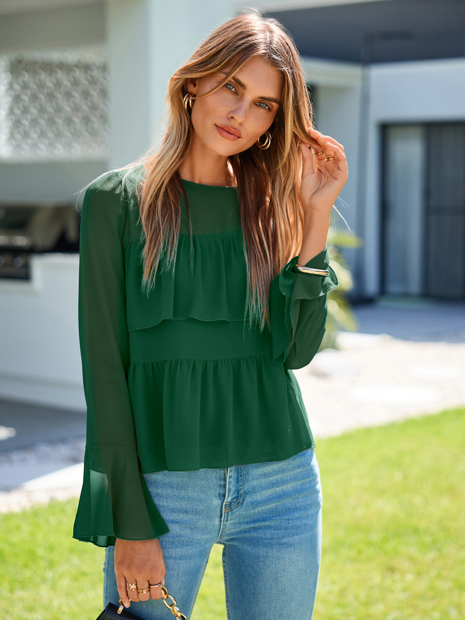 Round Neck Ruffle Peplum Chiffon Blouse
