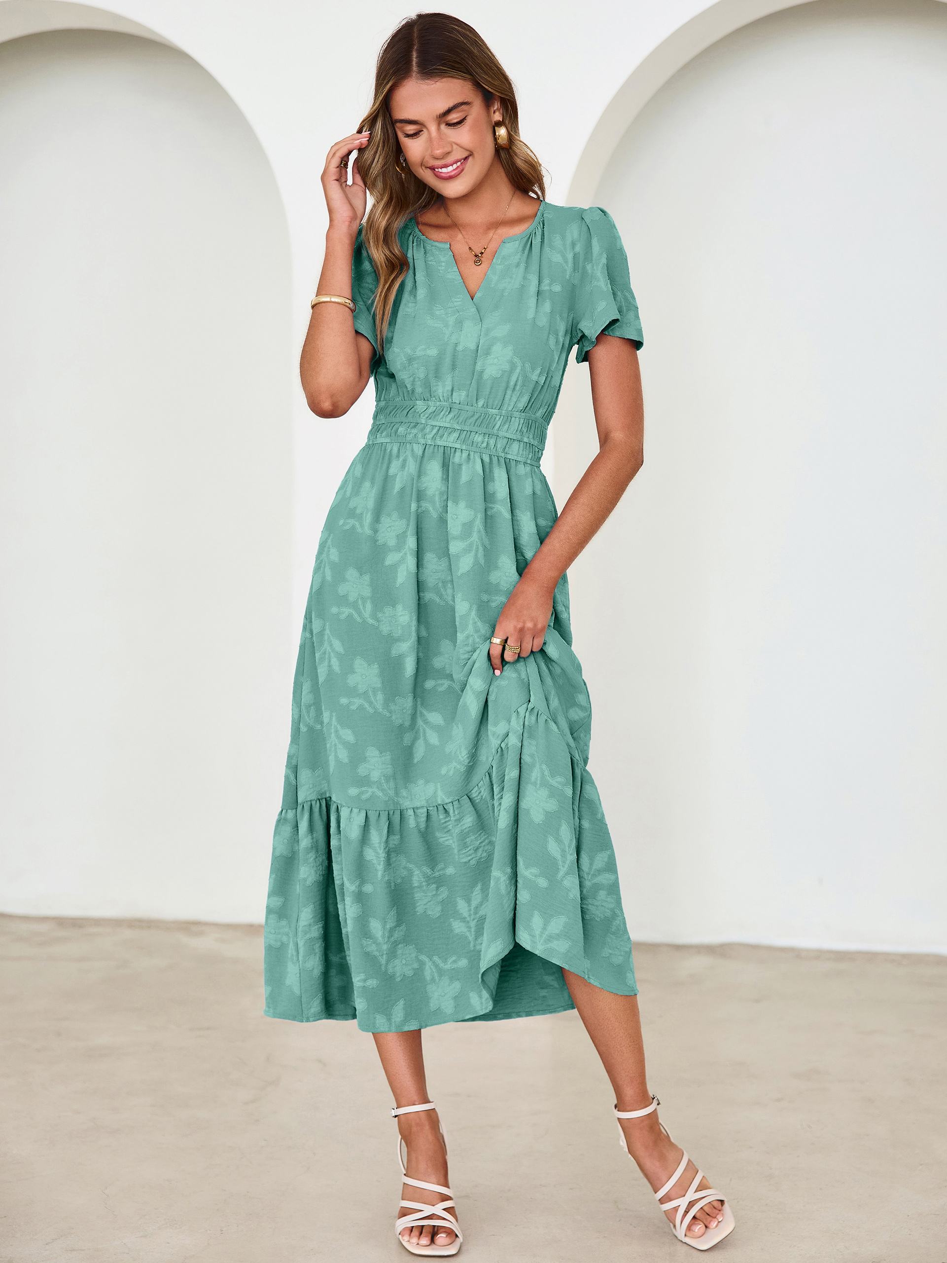 V Neck Burnout Floral Ruffle Maxi Dress