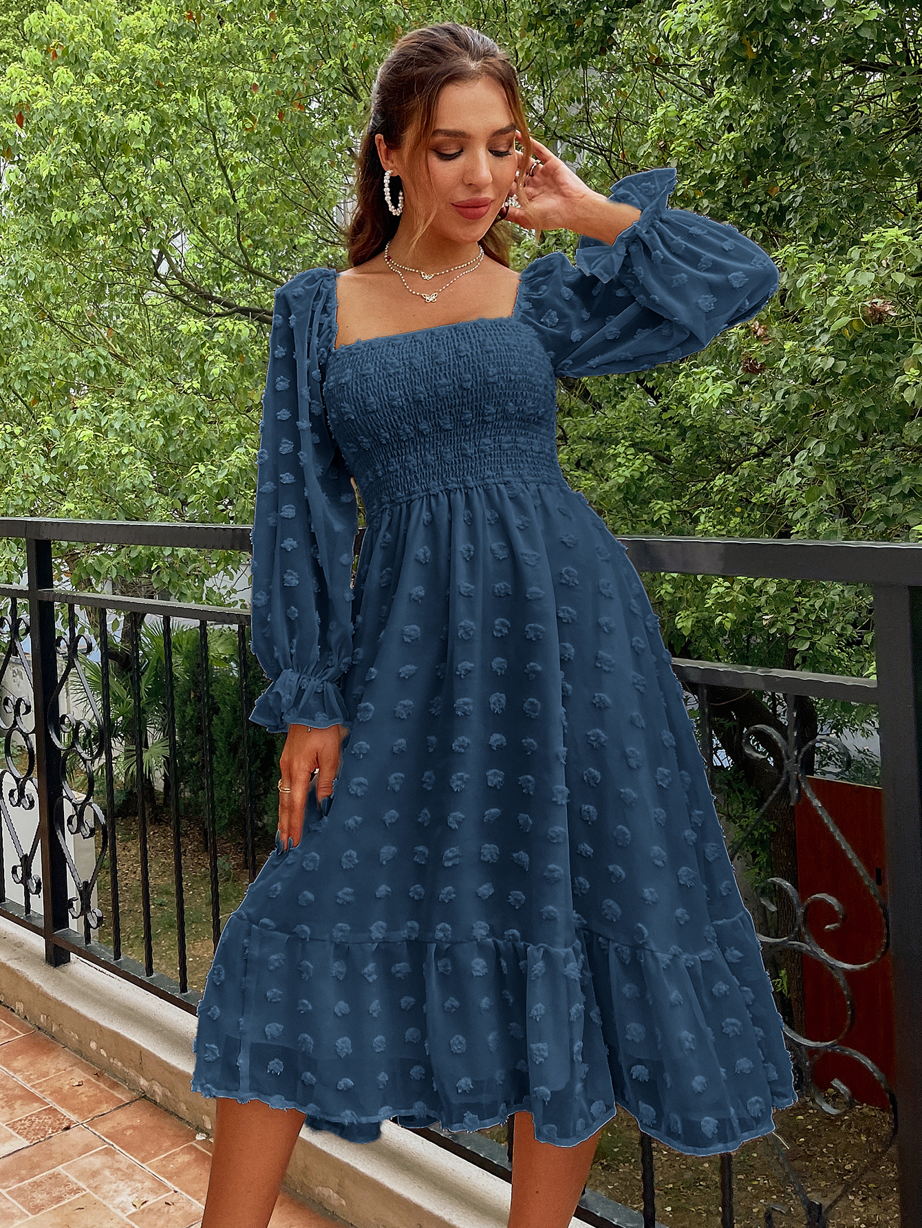 Square Neck Swiss Dot Long Sleeve Shirred Midi Dress - Blue Grey