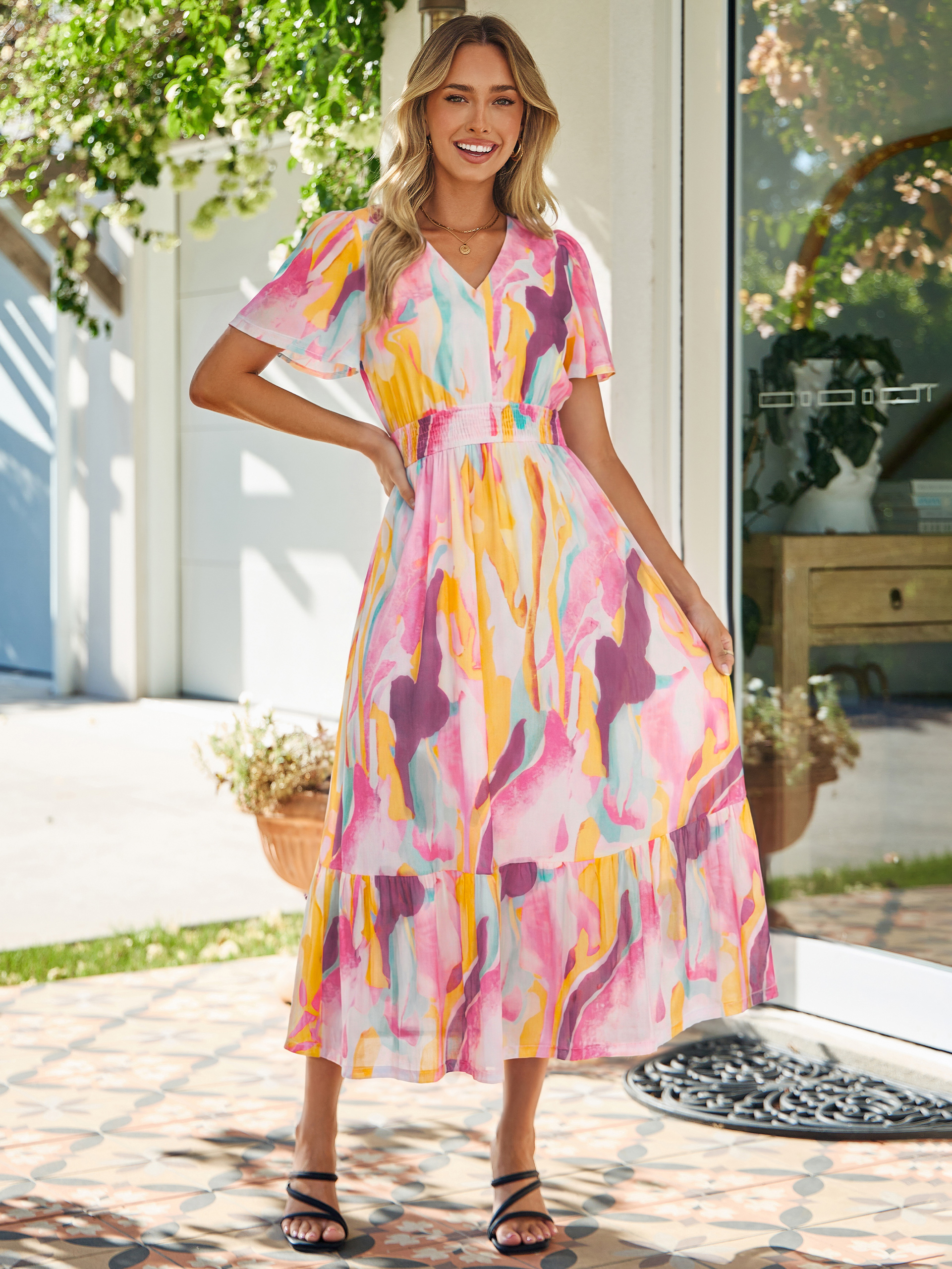 Floral V-Neck Wedding Guest Maxi Dress - Pink Yellow Floral