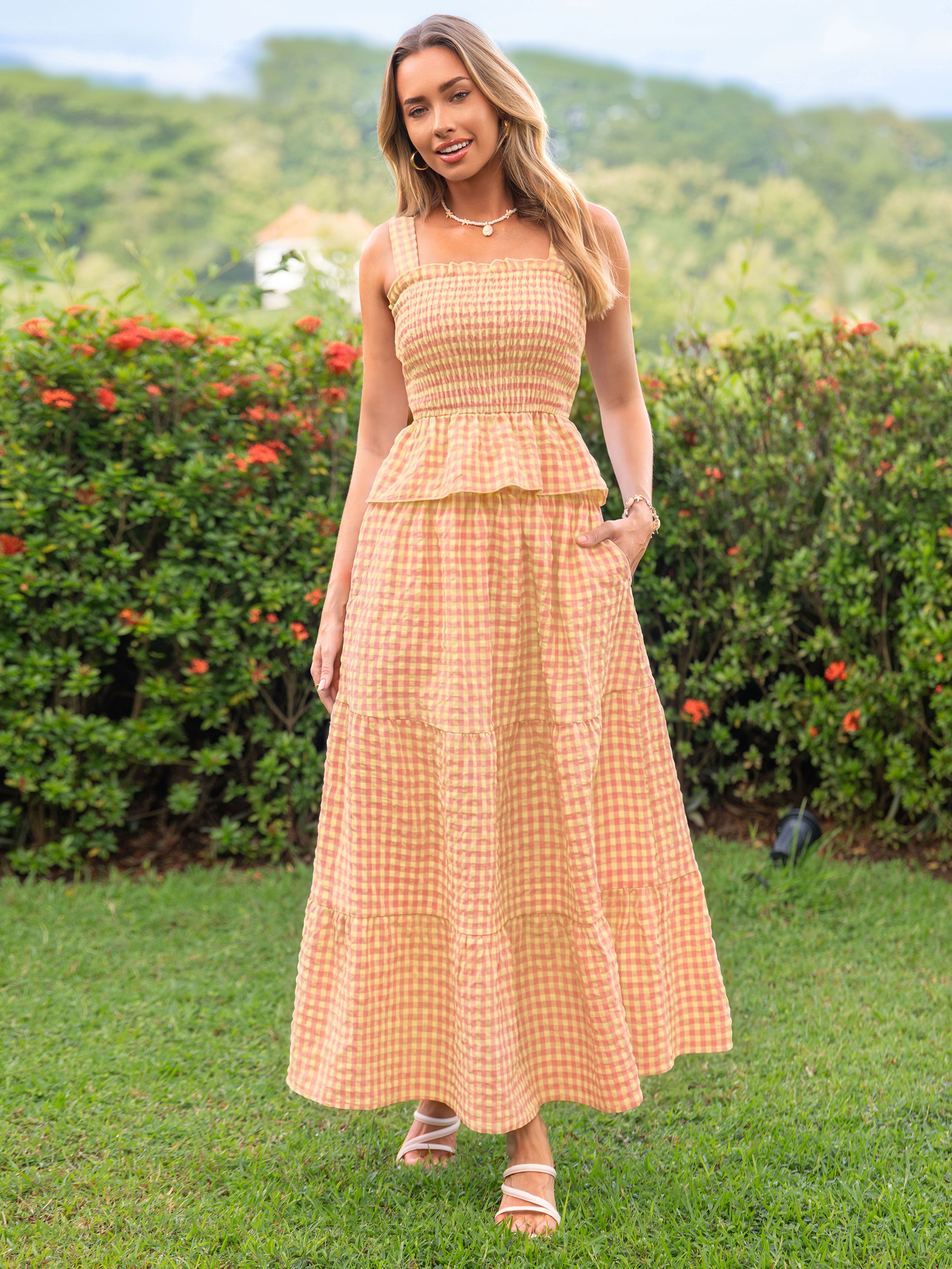 Gingham Smocked Tank Top and Maxi Skirt Set - Yellow Pink