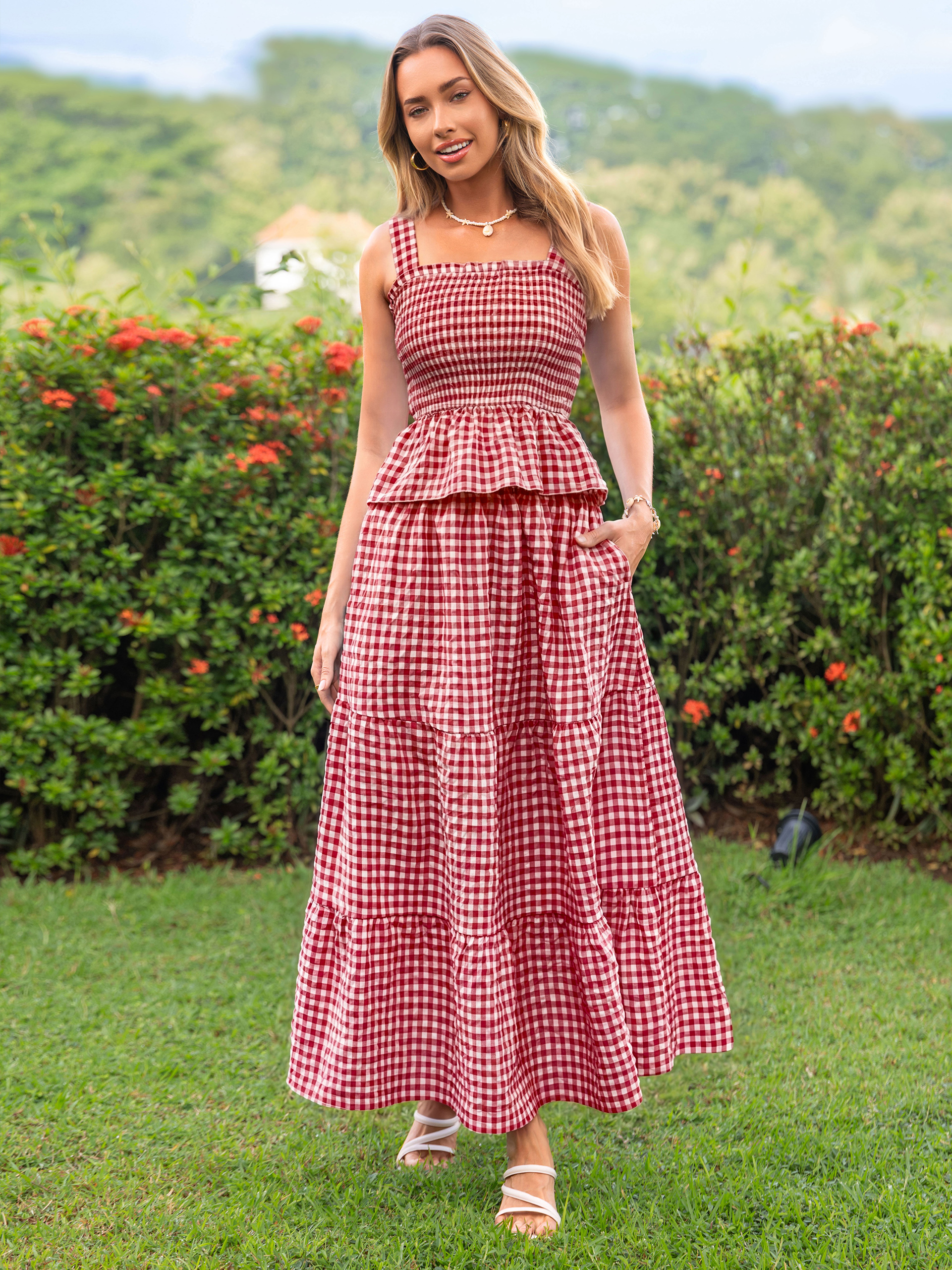 Gingham Smocked Tank Top and Maxi Skirt Set - Red
