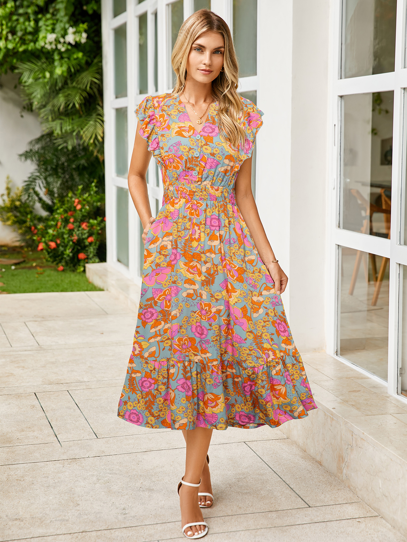Boho Floral V Neck Short Sleeve Maxi Dress - Orange Floral