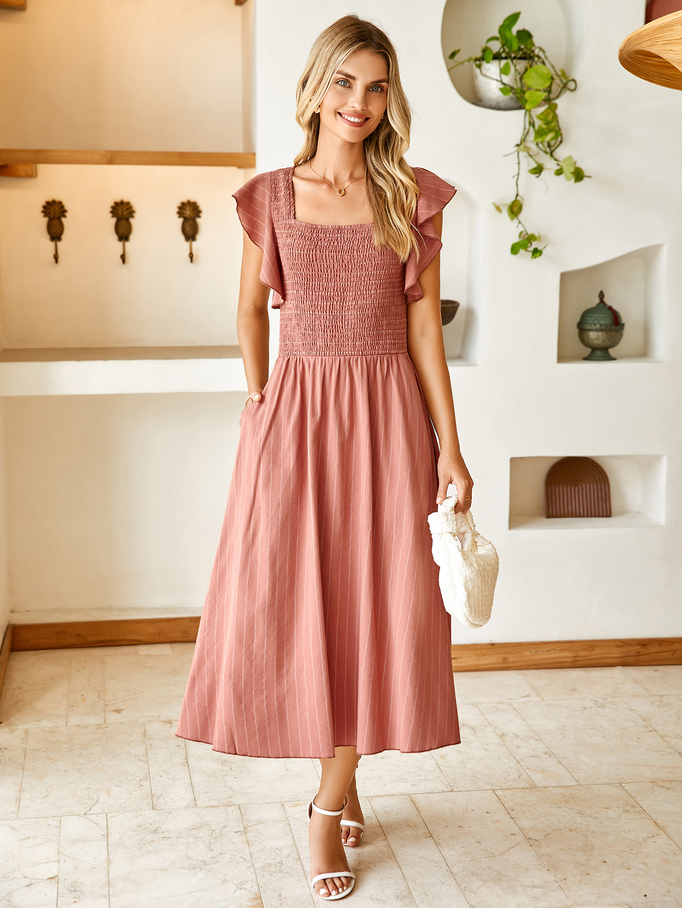 Ruffle Sleeve Smocked Square Neck Striped Midi Dress - Rust Stripe