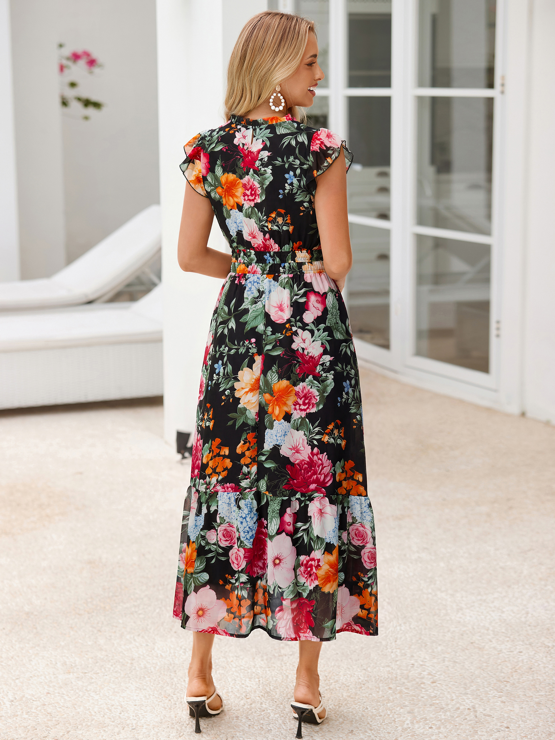 Floral Chiffon Ruffle Neck Flutter Sleeve Maxi Dress