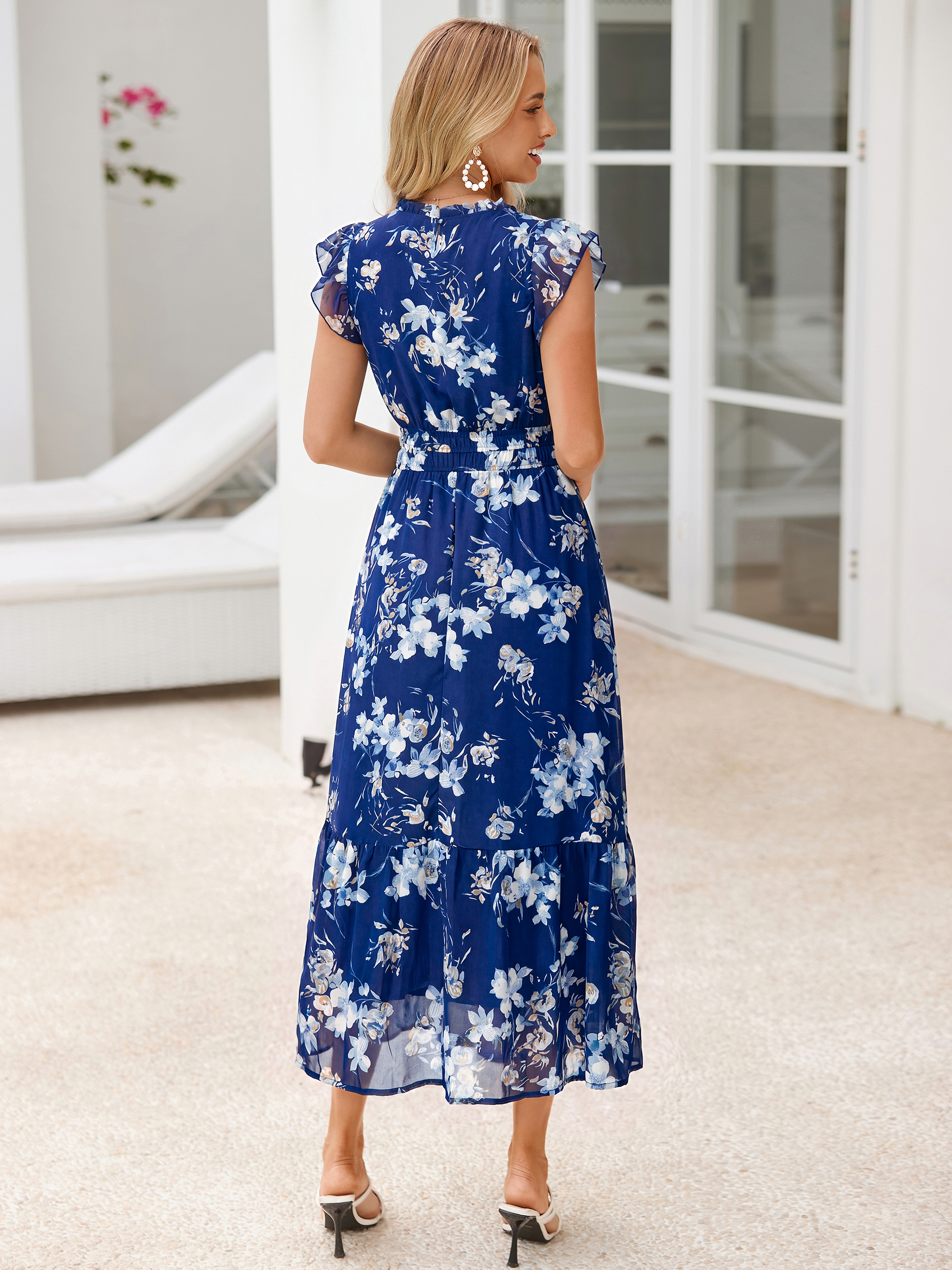 Floral Chiffon Ruffle Neck Flutter Sleeve Maxi Dress