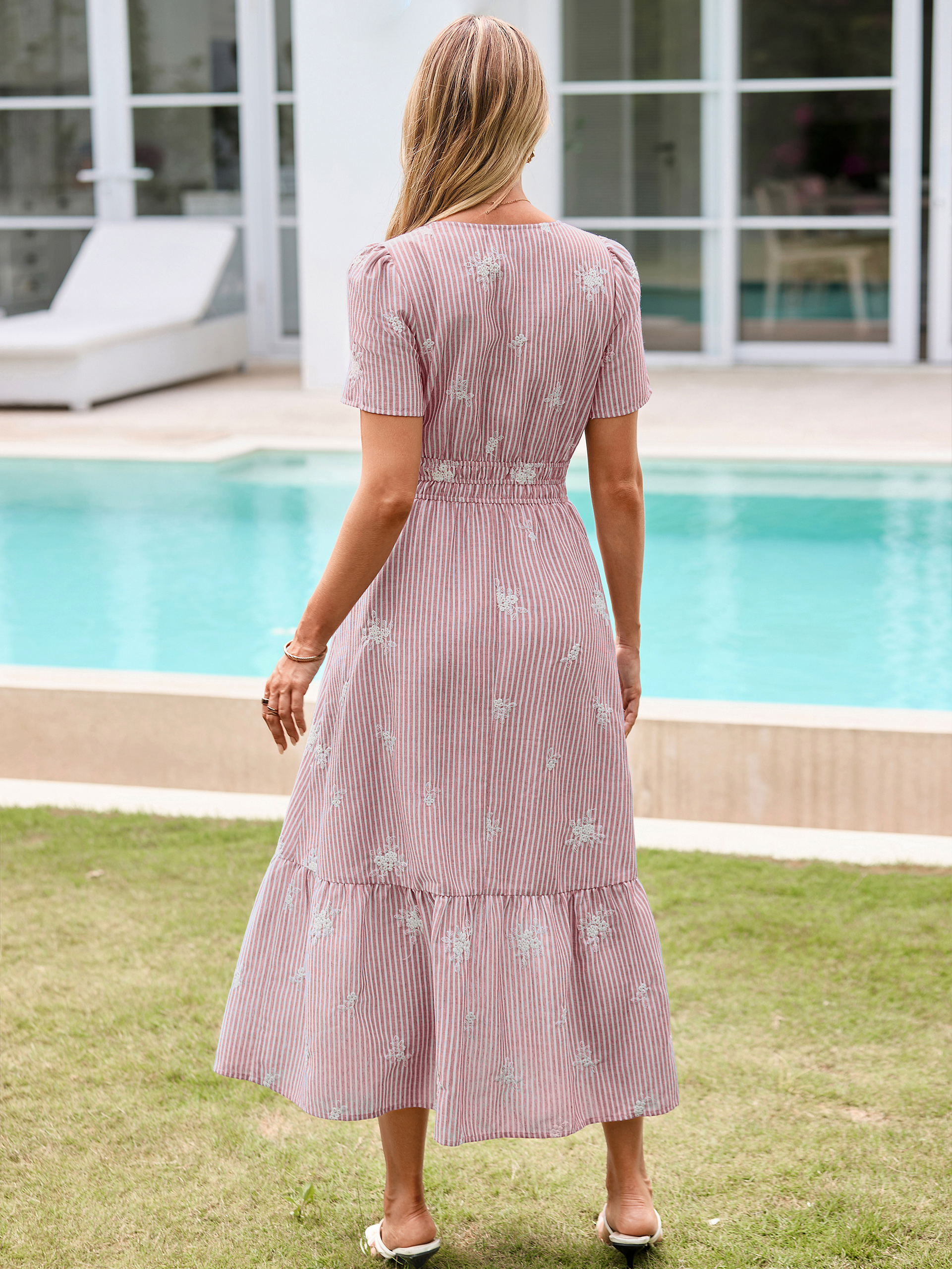 V Neck Pinstripe Floral Embroidered Maxi Dress