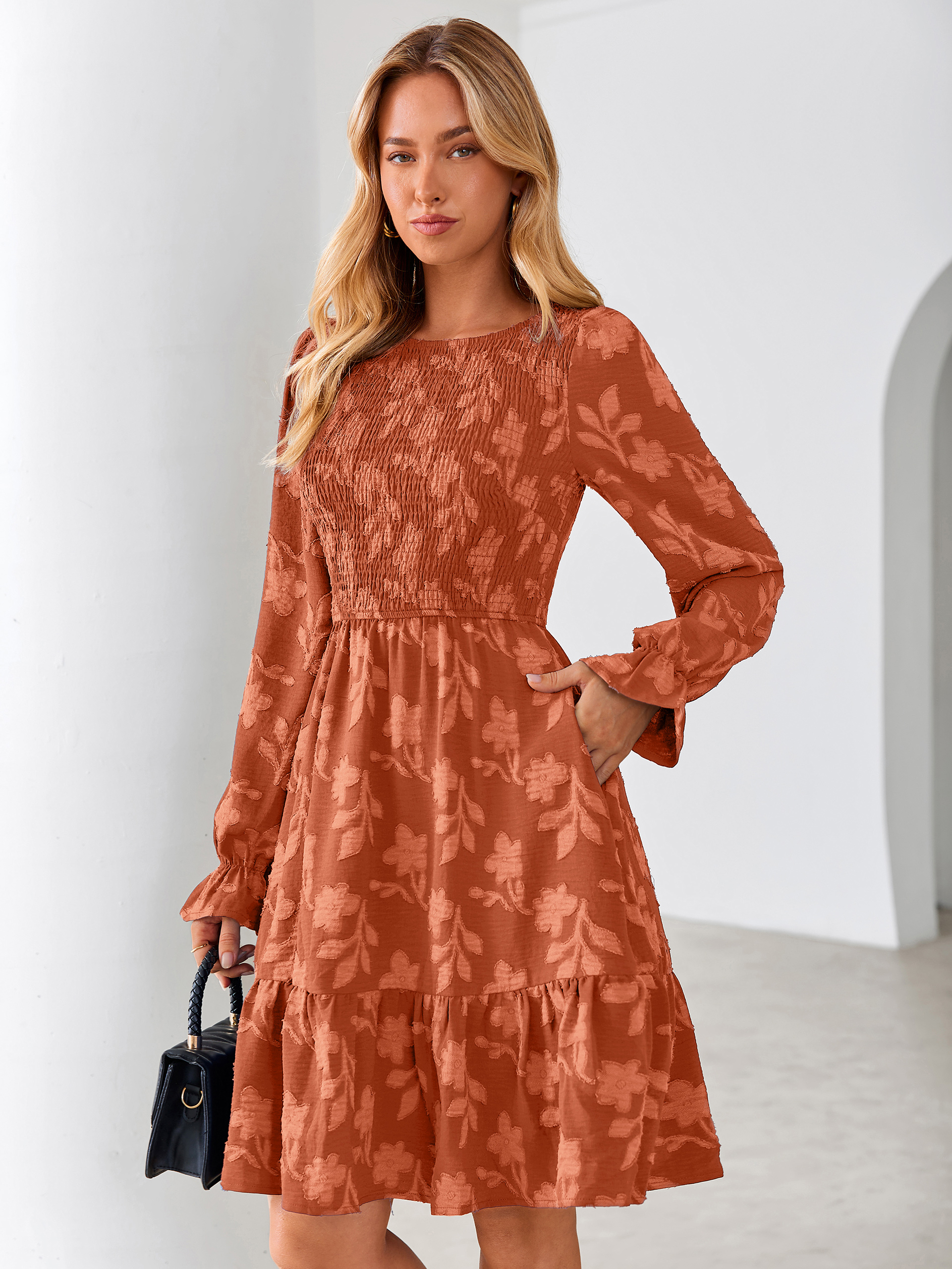 Burnout Leaf Smocked Bodice Long Sleeve Mini Dress - Orange