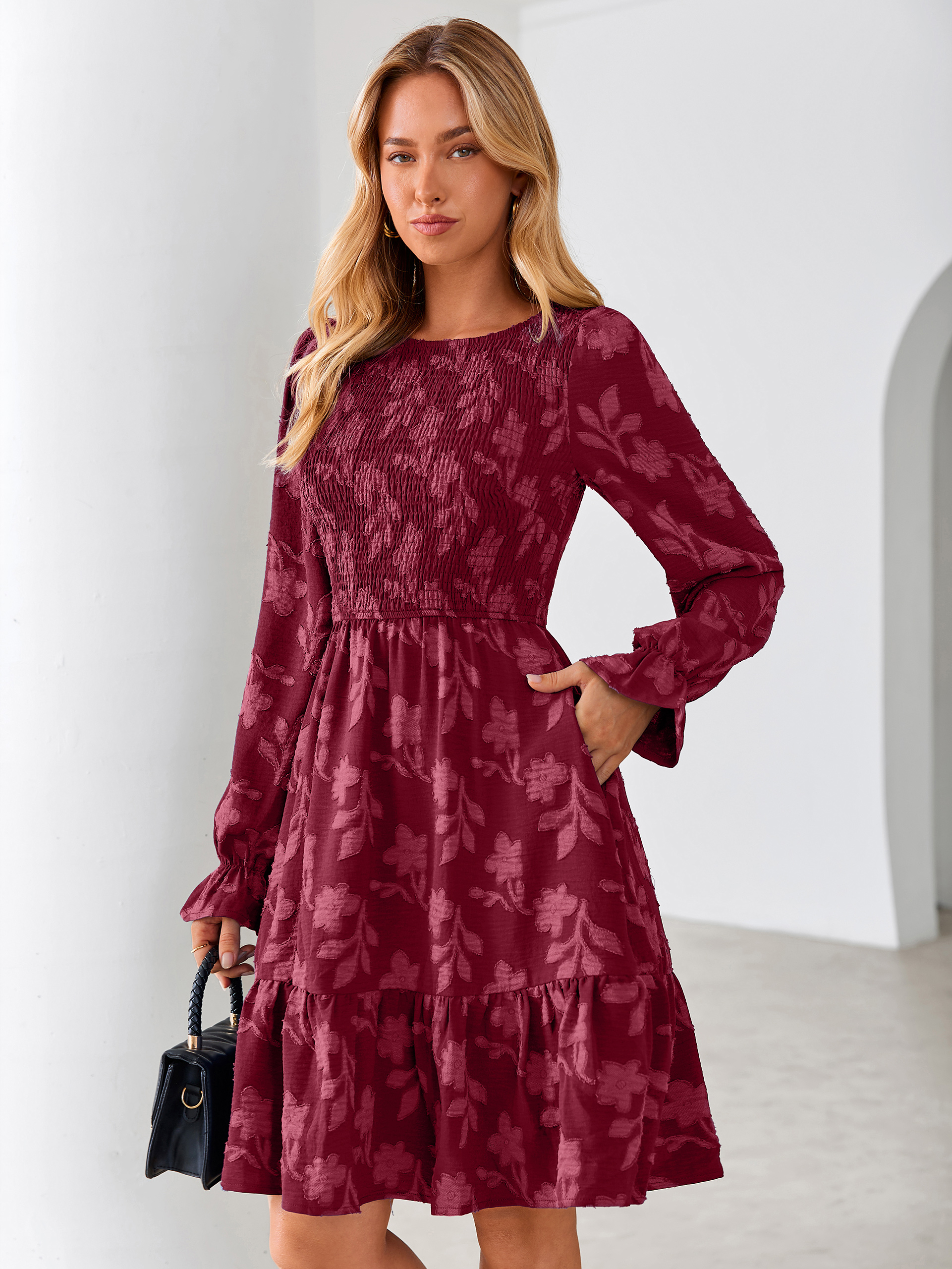 Burnout Leaf Smocked Bodice Long Sleeve Mini Dress - Wine Red