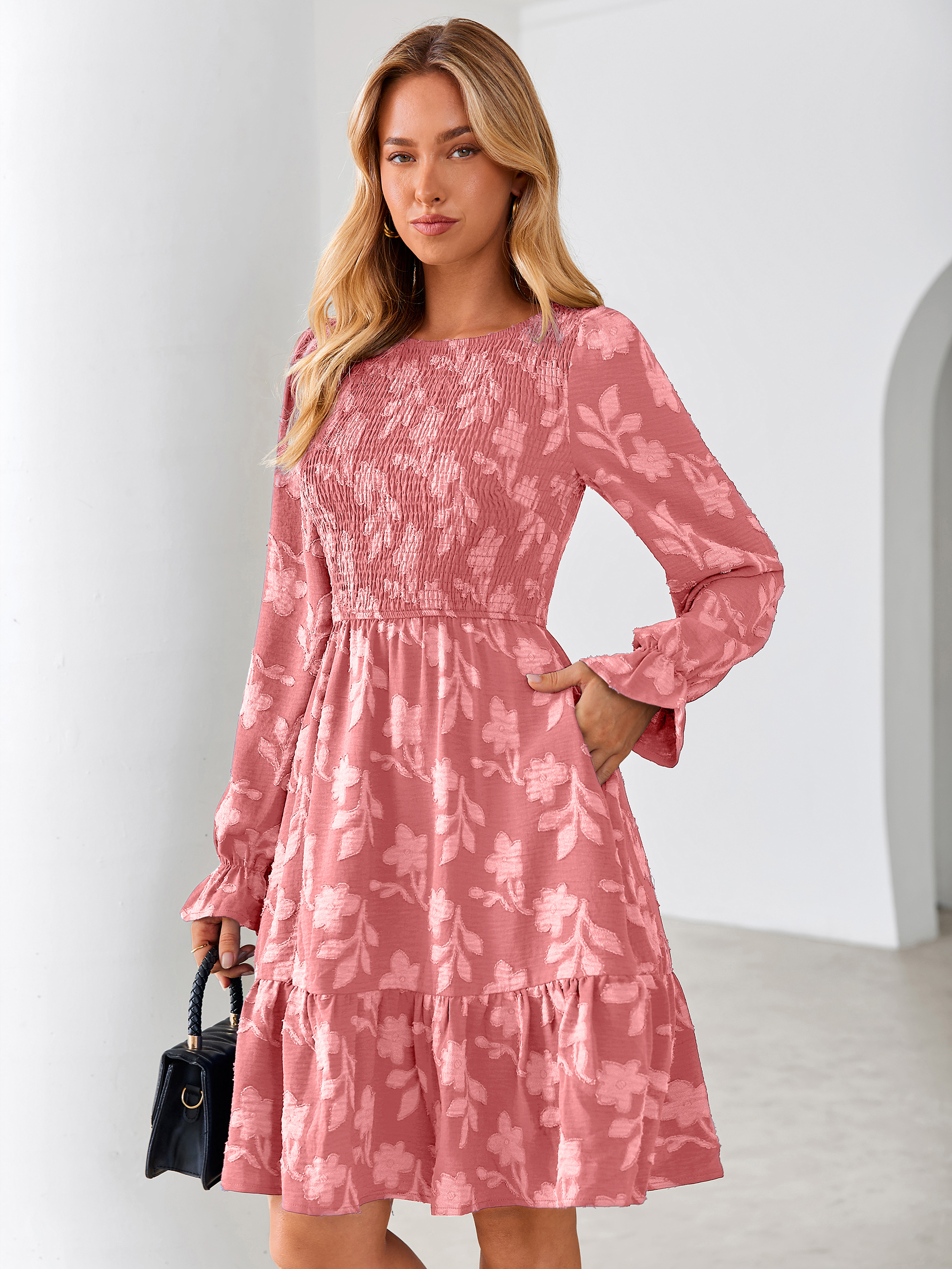 Burnout Leaf Smocked Bodice Long Sleeve Mini Dress - Rust Pink